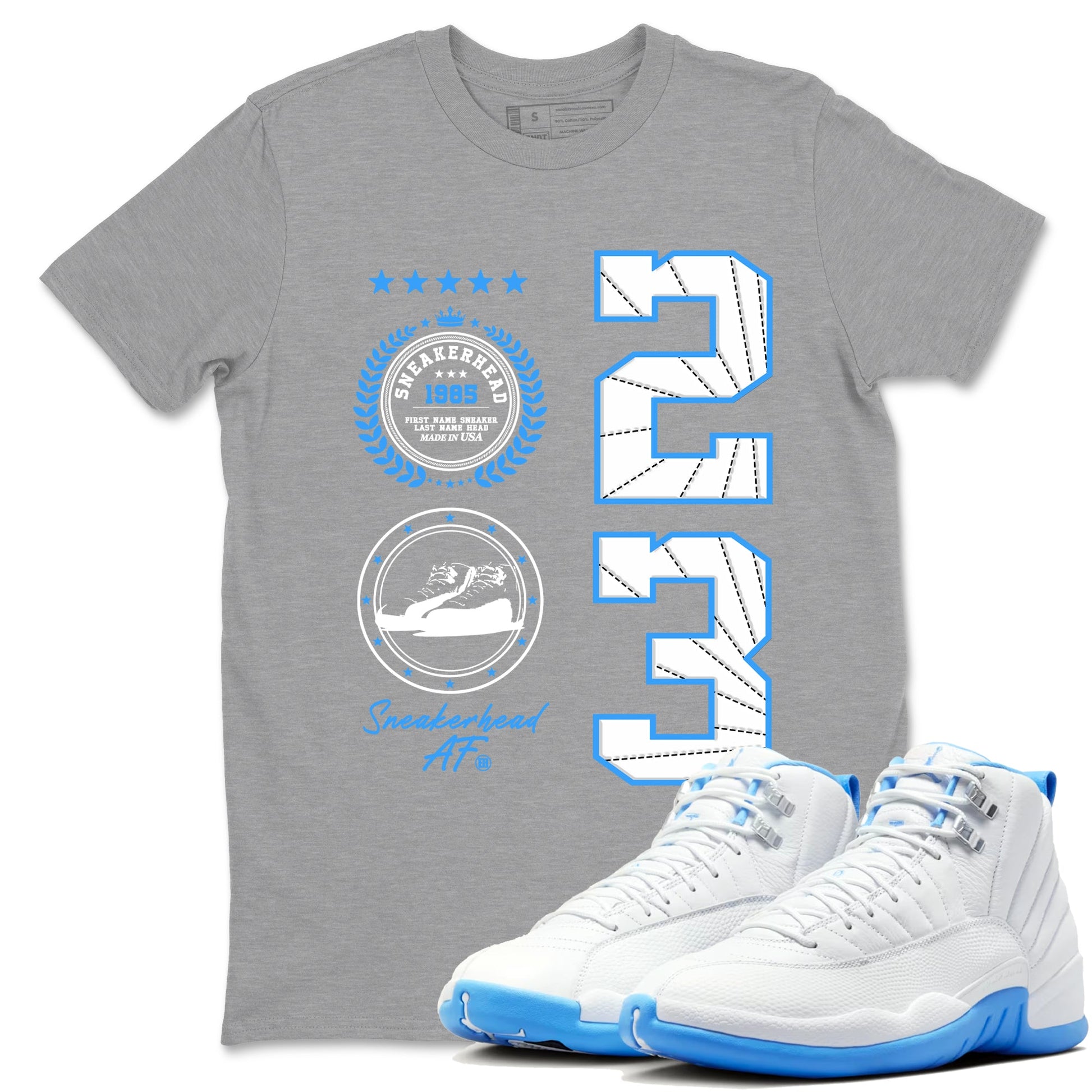 Sneaker Emblem sneaker match t-shirt styled to complete your fit with the Air Jordan 12 White and University Blue sneakers, shown in Heather Grey 1.
