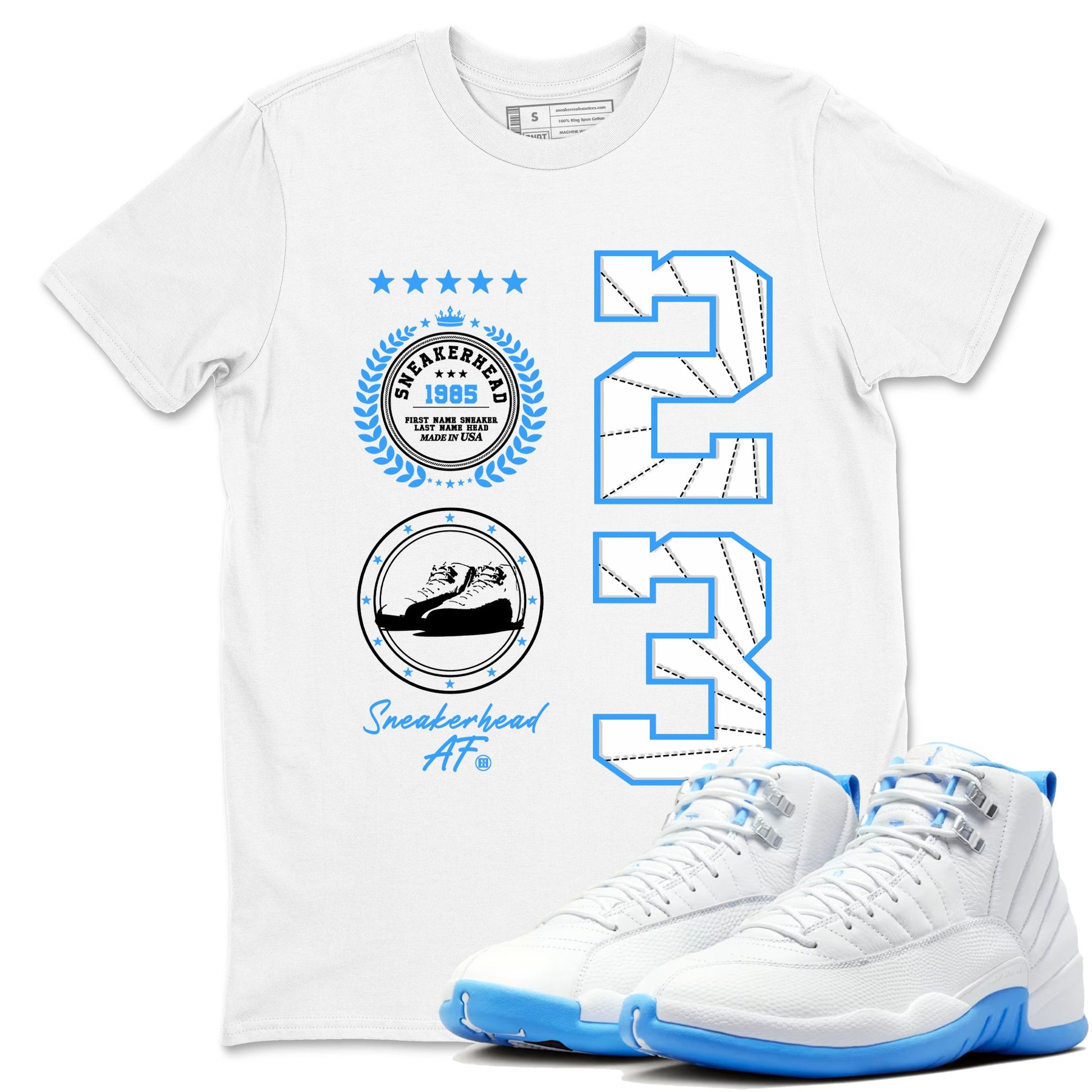 Sneaker Emblem sneaker match t-shirt styled to complete your fit with the Air Jordan 12 White and University Blue sneakers, shown in White 1.