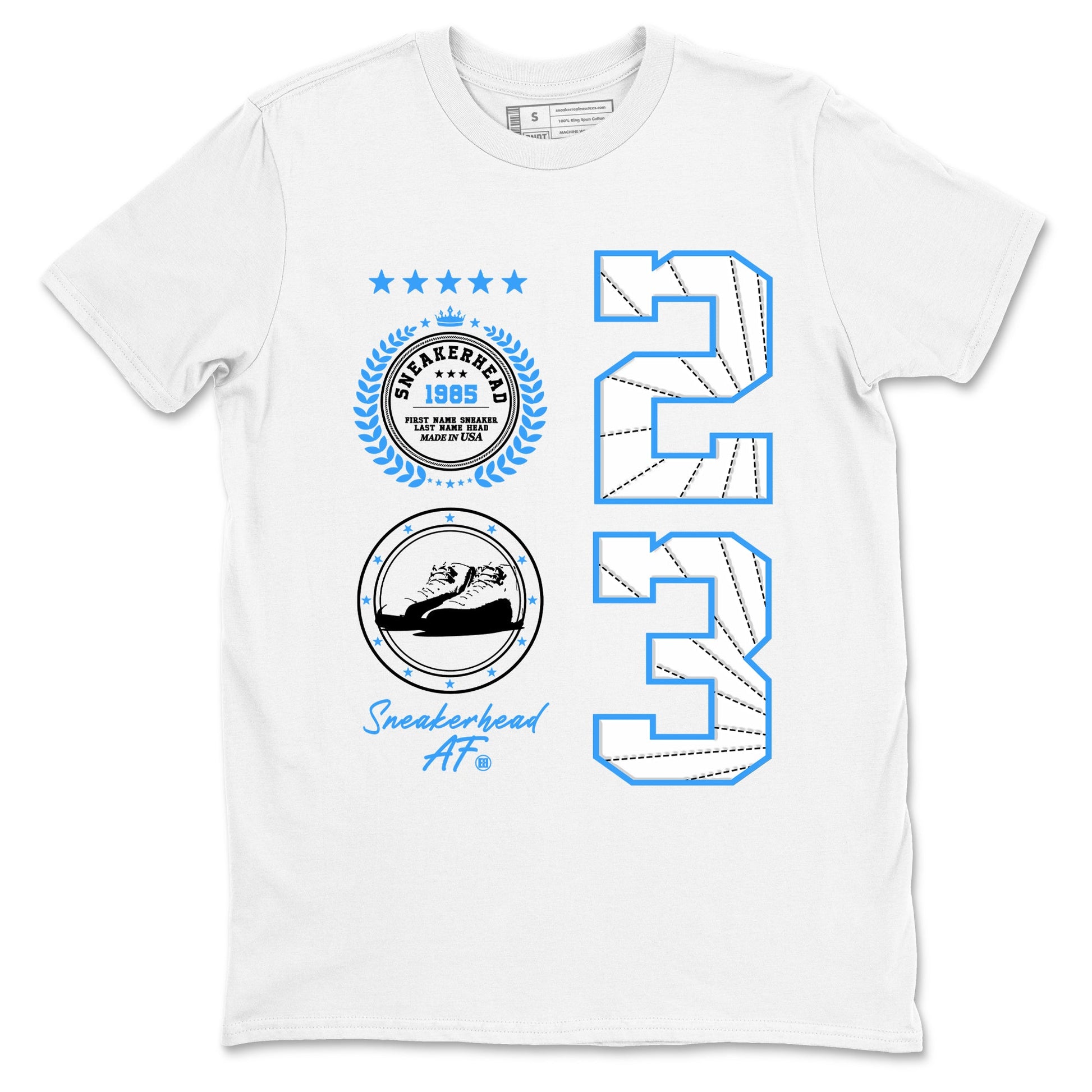 Sneaker Emblem sneaker match t-shirt styled to complete your fit with the Air Jordan 12 White and University Blue sneakers, shown in White 2.