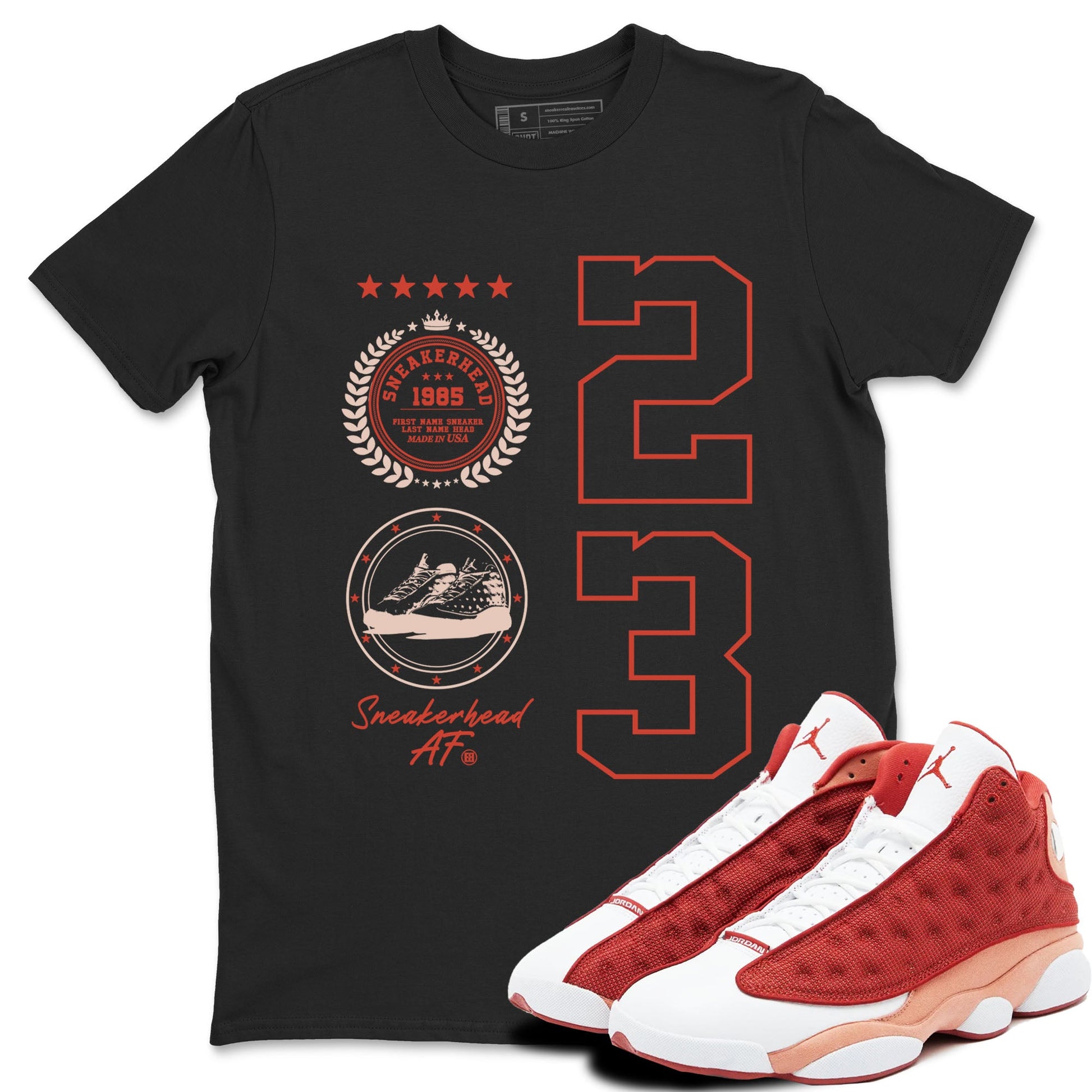AJ13 Dune Red shirts to match jordans Sneaker Emblem sneaker match tees Air Jordan 13 Dune Red SNRT Sneaker Tees streetwear brand Black 1 unisex cotton tee