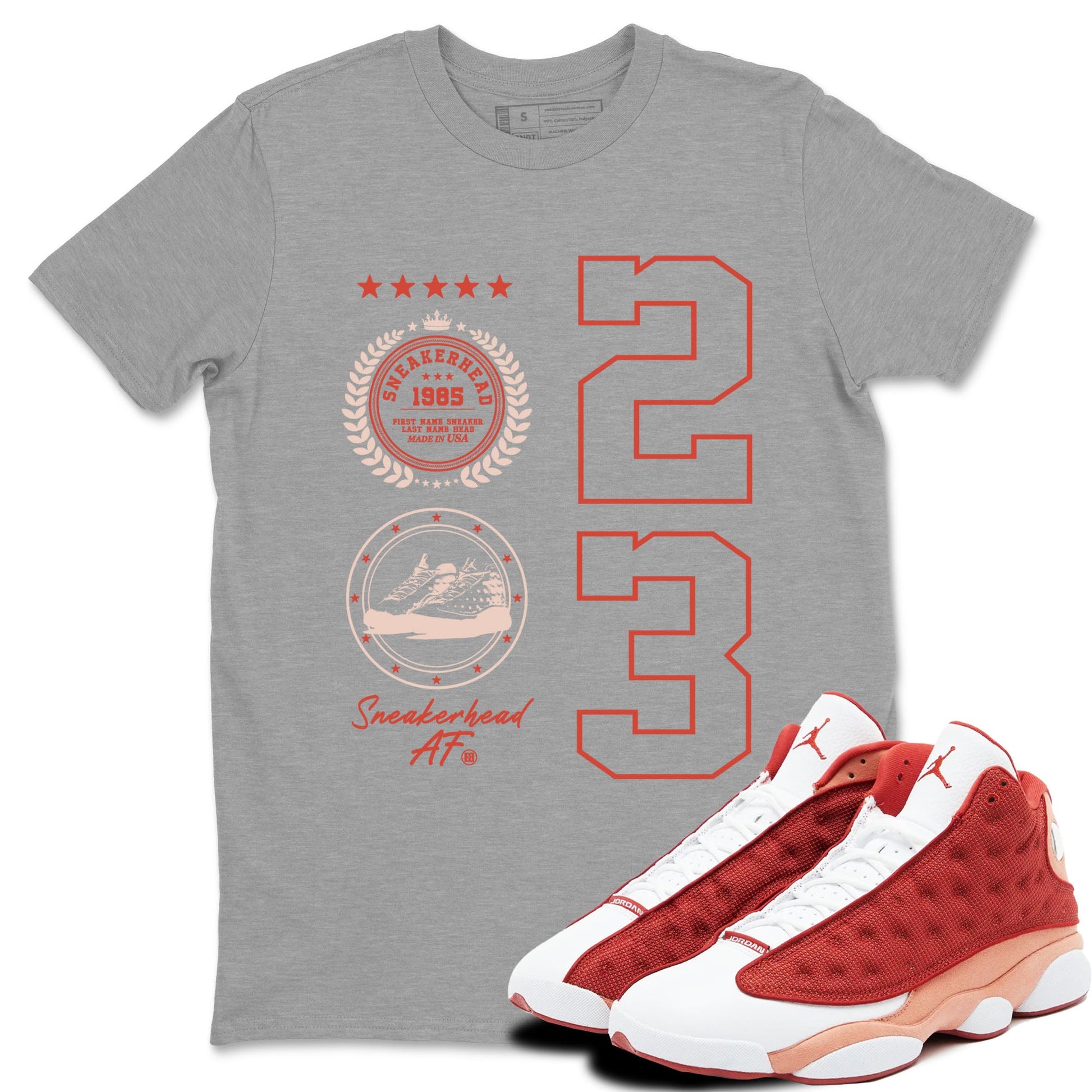AJ13 Dune Red shirts to match jordans Sneaker Emblem sneaker match tees Air Jordan 13 Dune Red SNRT Sneaker Tees streetwear brand Heather Grey 1 unisex cotton tee
