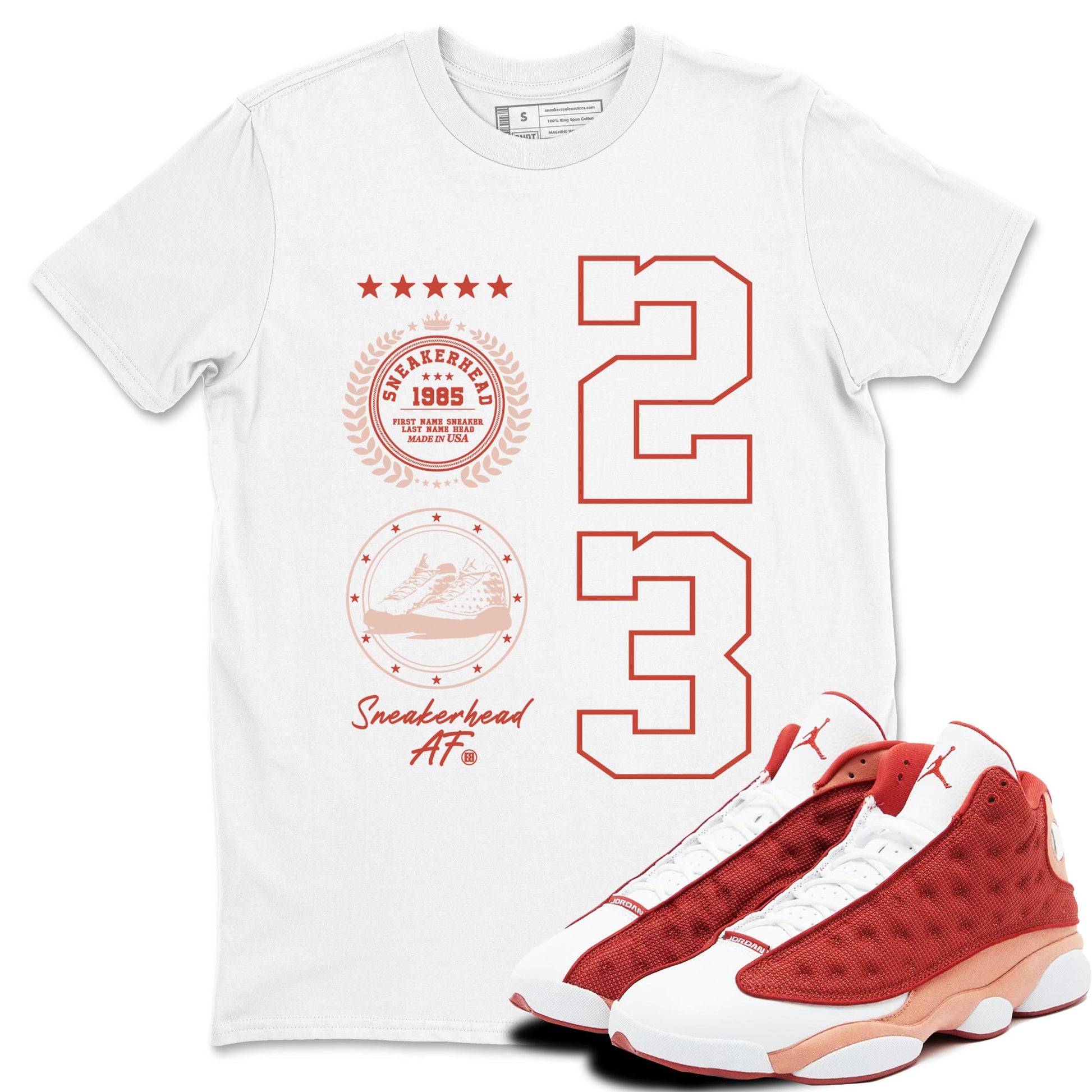 AJ13 Dune Red shirts to match jordans Sneaker Emblem sneaker match tees Air Jordan 13 Dune Red SNRT Sneaker Tees streetwear brand White 1 unisex cotton tee