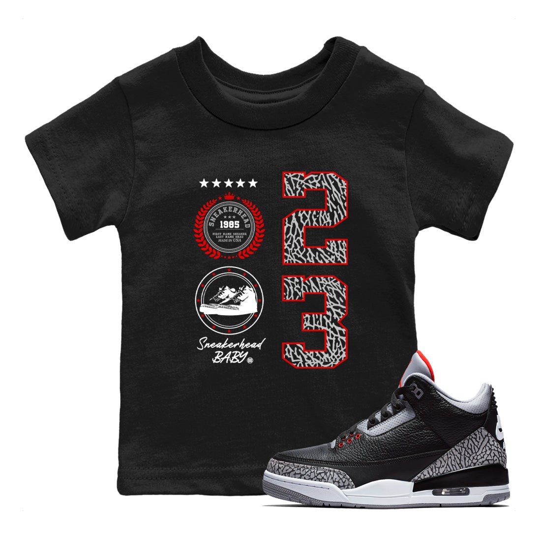 3s Black Cement shirts to match jordans Sneaker Emblem sneaker match tees Air Jordan 3 Retro Black Cement SNRT Sneaker Release Tees Youth Baby Black 1 crew neck shirts