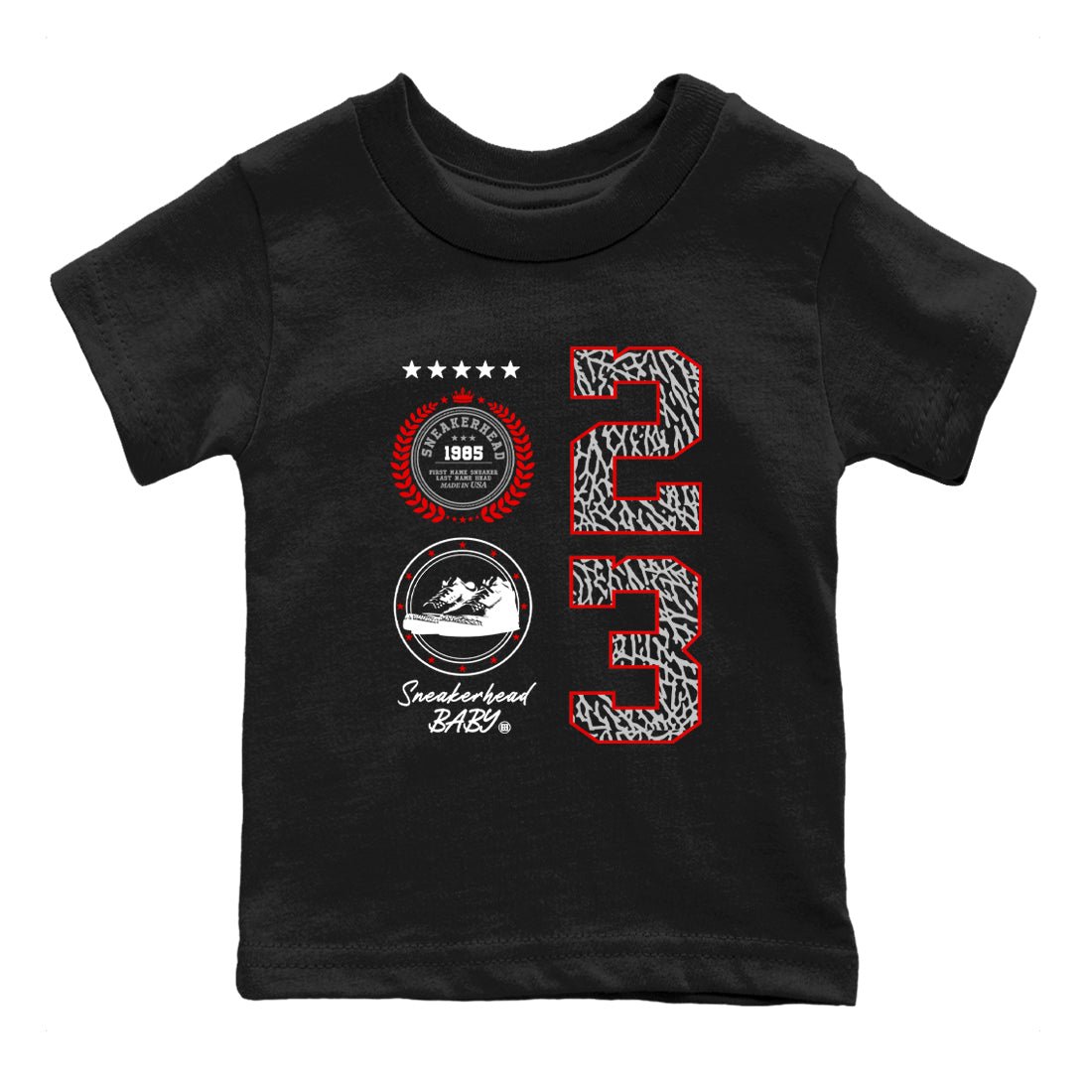 3s Black Cement shirts to match jordans Sneaker Emblem sneaker match tees Air Jordan 3 Retro Black Cement SNRT Sneaker Release Tees Youth Baby Black 2 crew neck shirts