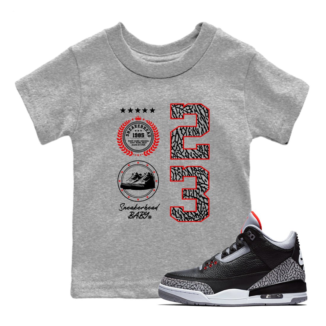 3s Black Cement shirts to match jordans Sneaker Emblem sneaker match tees Air Jordan 3 Retro Black Cement SNRT Sneaker Release Tees Youth Baby Heather Grey 1 crew neck shirts