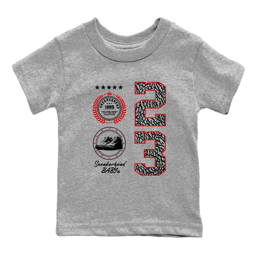 3s Black Cement shirts to match jordans Sneaker Emblem sneaker match tees Air Jordan 3 Retro Black Cement SNRT Sneaker Release Tees Youth Baby Heather Grey 2 crew neck shirts