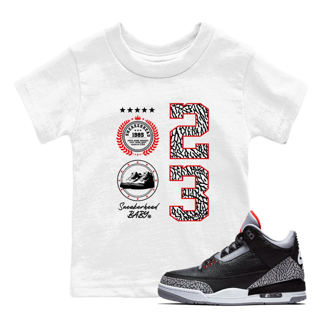 3s Black Cement shirts to match jordans Sneaker Emblem sneaker match tees Air Jordan 3 Retro Black Cement SNRT Sneaker Release Tees Youth Baby White 1 crew neck shirts