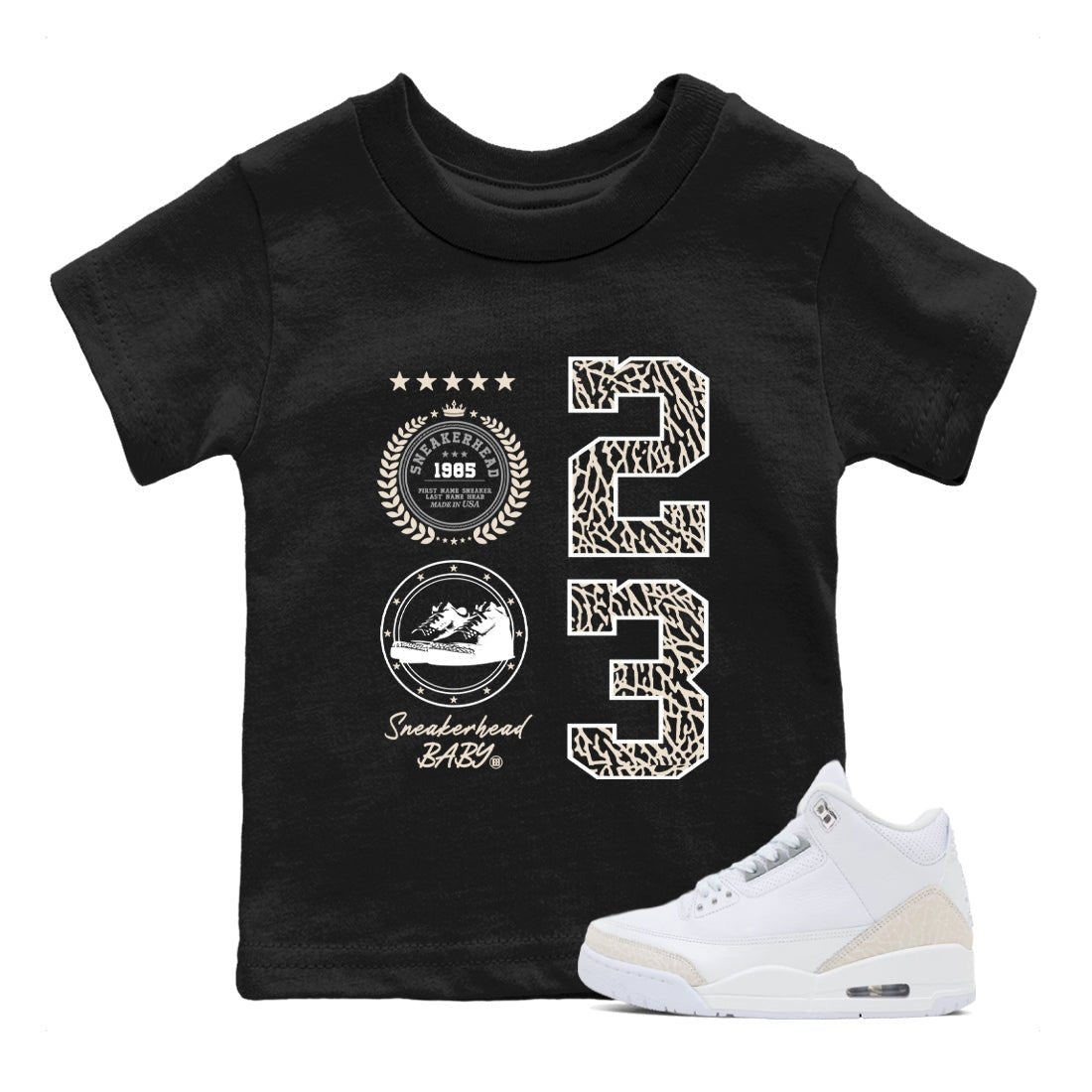 Sneaker Emblem baby and kids t-shirt crafted for little sneakerheads to shine with the Air Jordan 3 Pure Money sneakers, displayed in Black 1.