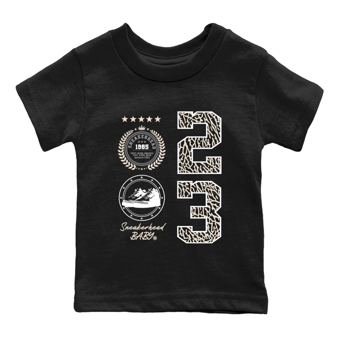 Sneaker Emblem baby and kids t-shirt crafted for little sneakerheads to shine with the Air Jordan 3 Pure Money sneakers, displayed in Black 2.