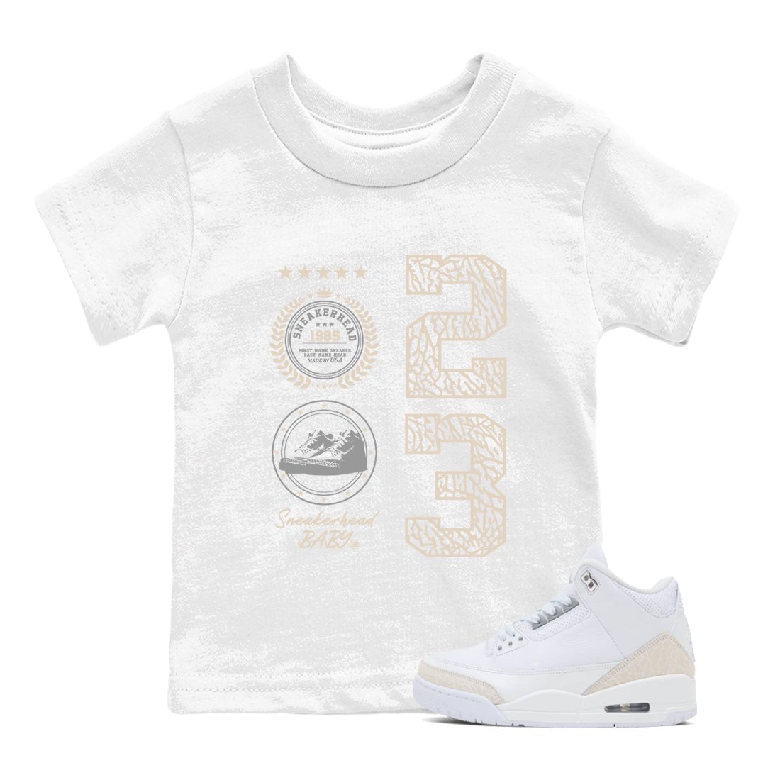 Sneaker Emblem baby and kids t-shirt crafted for little sneakerheads to shine with the Air Jordan 3 Pure Money sneakers, displayed in White 1.