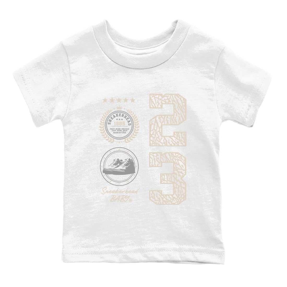 Sneaker Emblem baby and kids t-shirt crafted for little sneakerheads to shine with the Air Jordan 3 Pure Money sneakers, displayed in White 2.