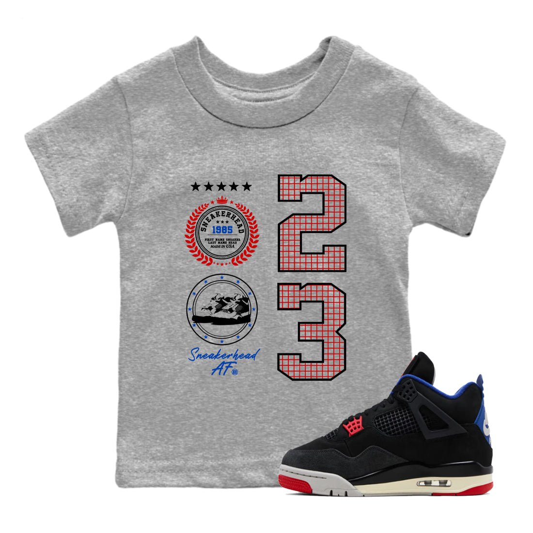 Sneaker match tees – Sneaker Tees To Match Jordan 4 Retro Rare Air Shoes – Sneaker Emblem Kids T-Shirt Heather Grey 1