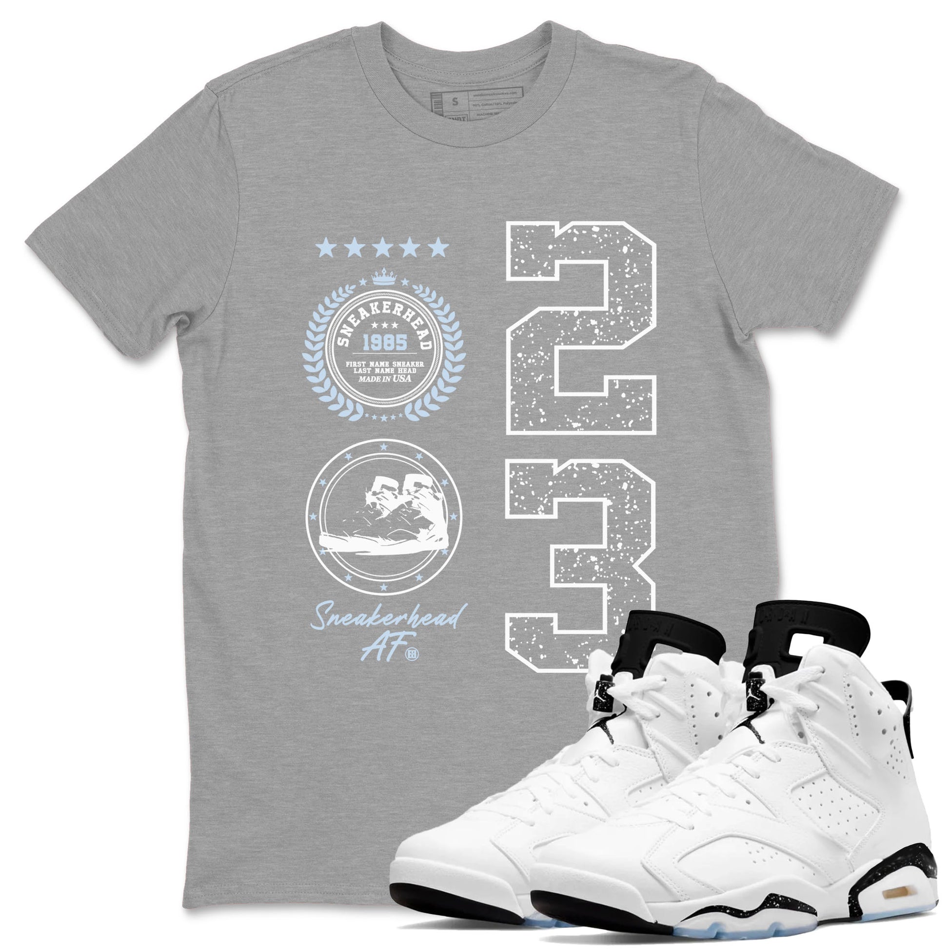 6s White Black shirt to match jordans Sneaker Emblem sneaker tees Air Jordan 6 White Black SNRT Sneaker Release Tees unisex cotton Heather Grey 1 crew neck shirt