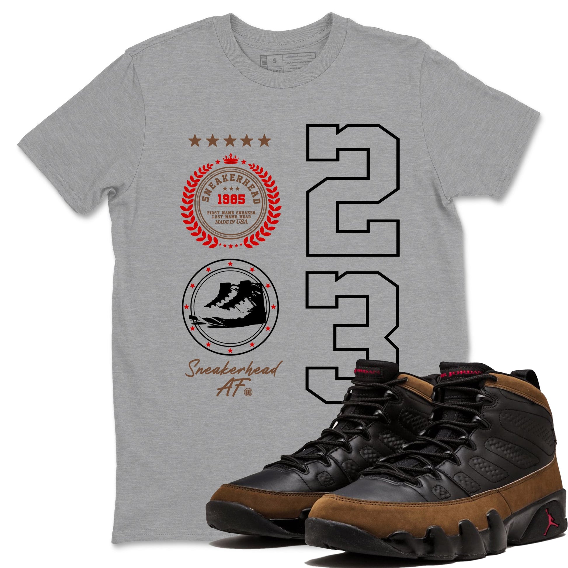 9s Olive shirts to match jordans Sneaker Emblem sneaker match tees Air Jordan 9 Olive match shoes to clothes SNRT Sneaker Tees unisex cotton Heather Grey 1 shirts