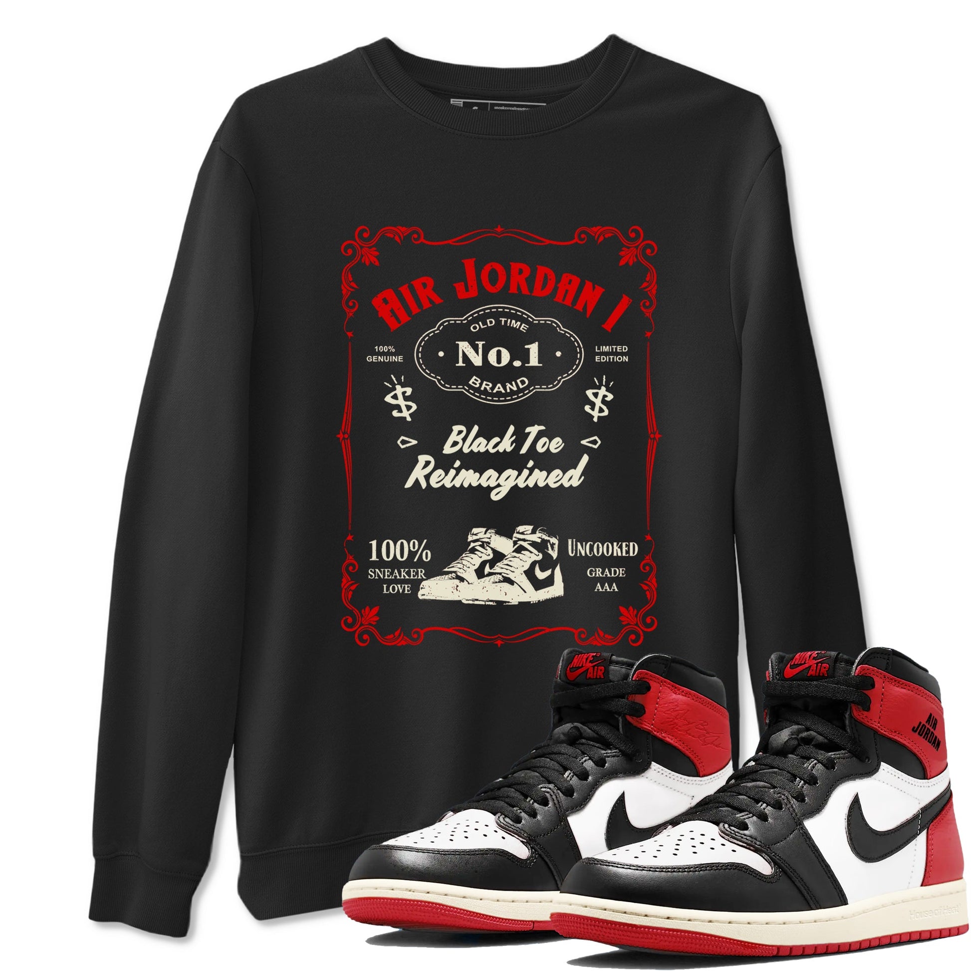 Air Jordan 1 High OG Black Toe Reimagined shirts to match jordans Sneaker Label sneaker match tees 1s Black Toe Reimagined Sneaker Shirts SNRT Sneaker Tees streetwear brand Black 1 unisex cotton tee