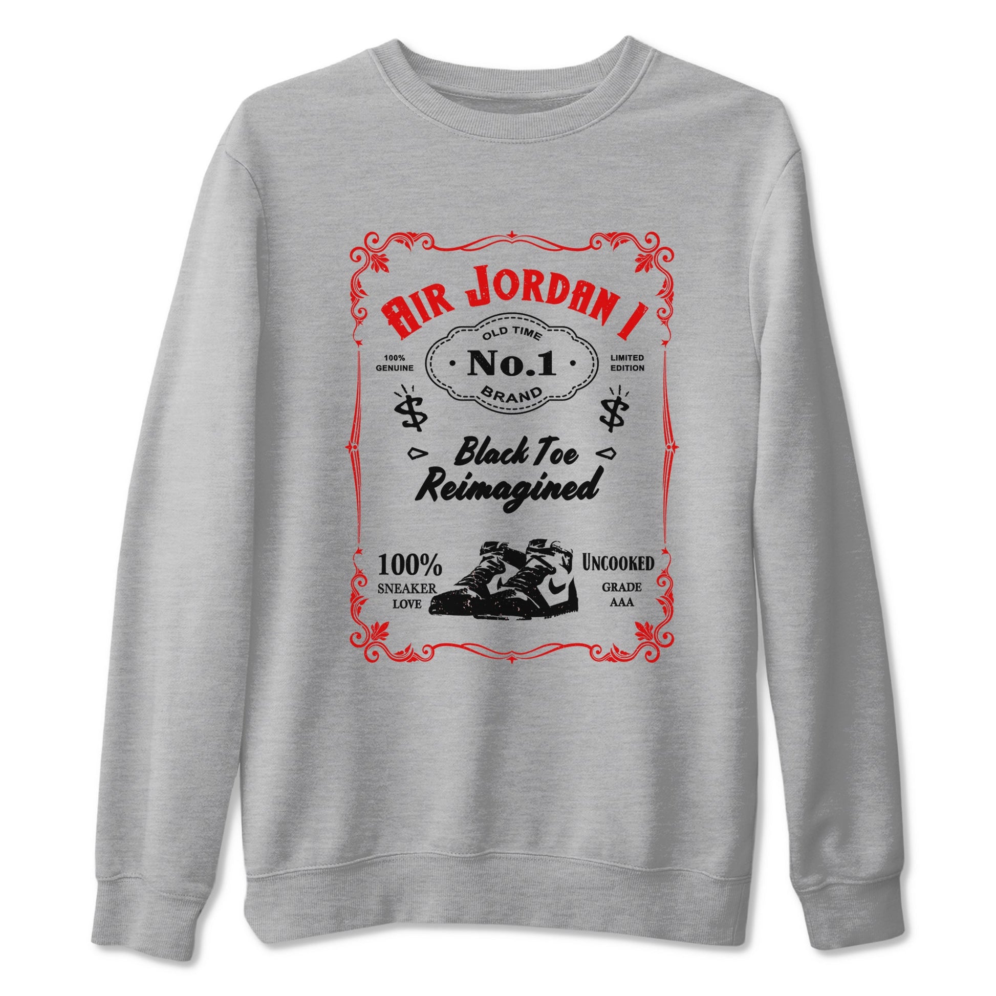 Air Jordan 1 High OG Black Toe Reimagined shirts to match jordans Sneaker Label sneaker match tees 1s Black Toe Reimagined Sneaker Shirts SNRT Sneaker Tees streetwear brand Heather Grey 2 unisex cotton tee