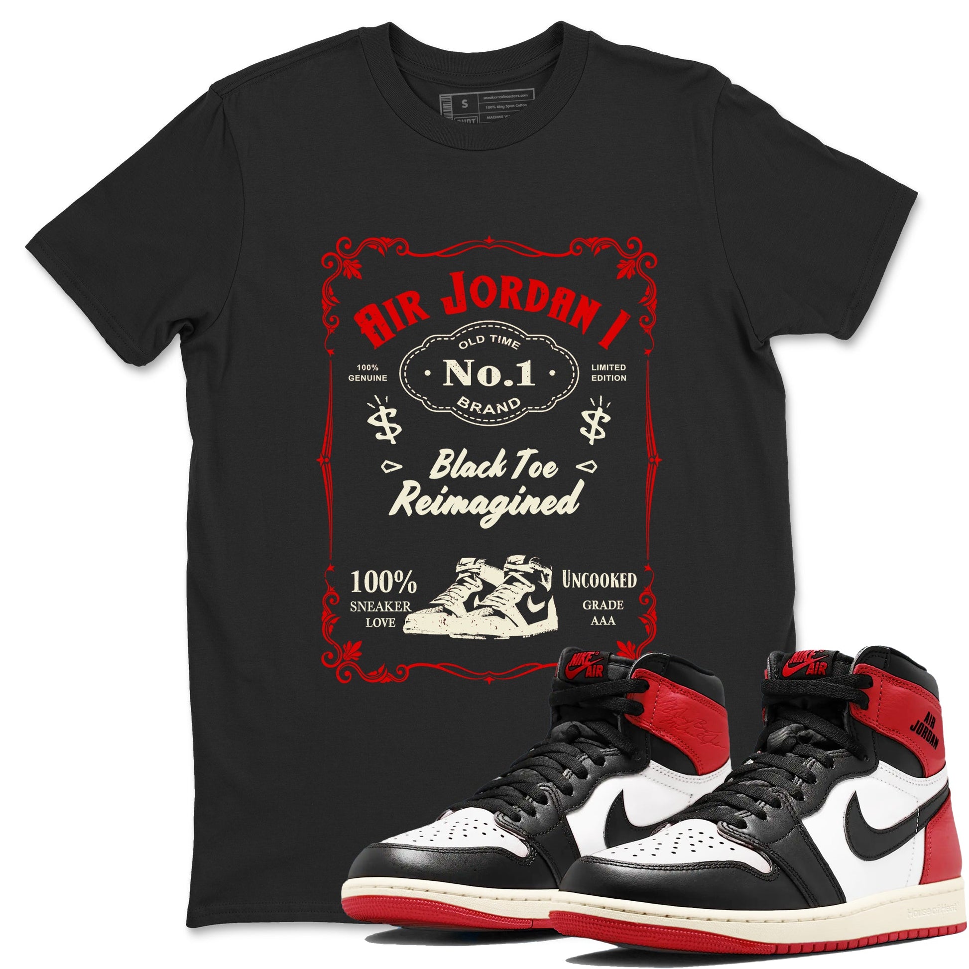 Air Jordan 1 High OG Black Toe Reimagined shirts to match jordans Sneaker Label sneaker match tees 1s Black Toe Reimagined Sneaker Shirts SNRT Sneaker Tees streetwear brand Black 1 unisex cotton tee