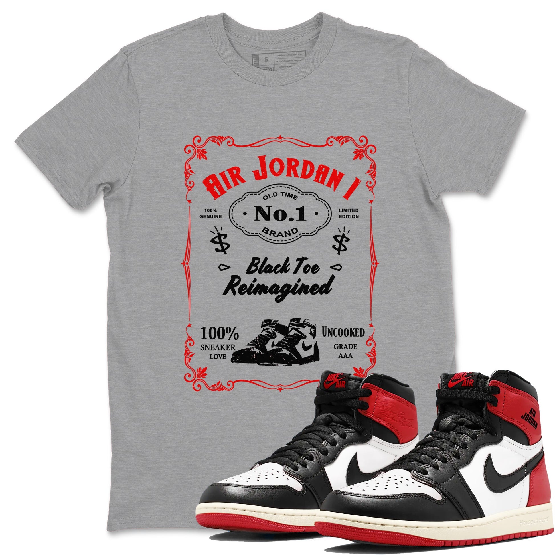 Air Jordan 1 High OG Black Toe Reimagined shirts to match jordans Sneaker Label sneaker match tees 1s Black Toe Reimagined Sneaker Shirts SNRT Sneaker Tees streetwear brand Heather Grey 1 unisex cotton tee