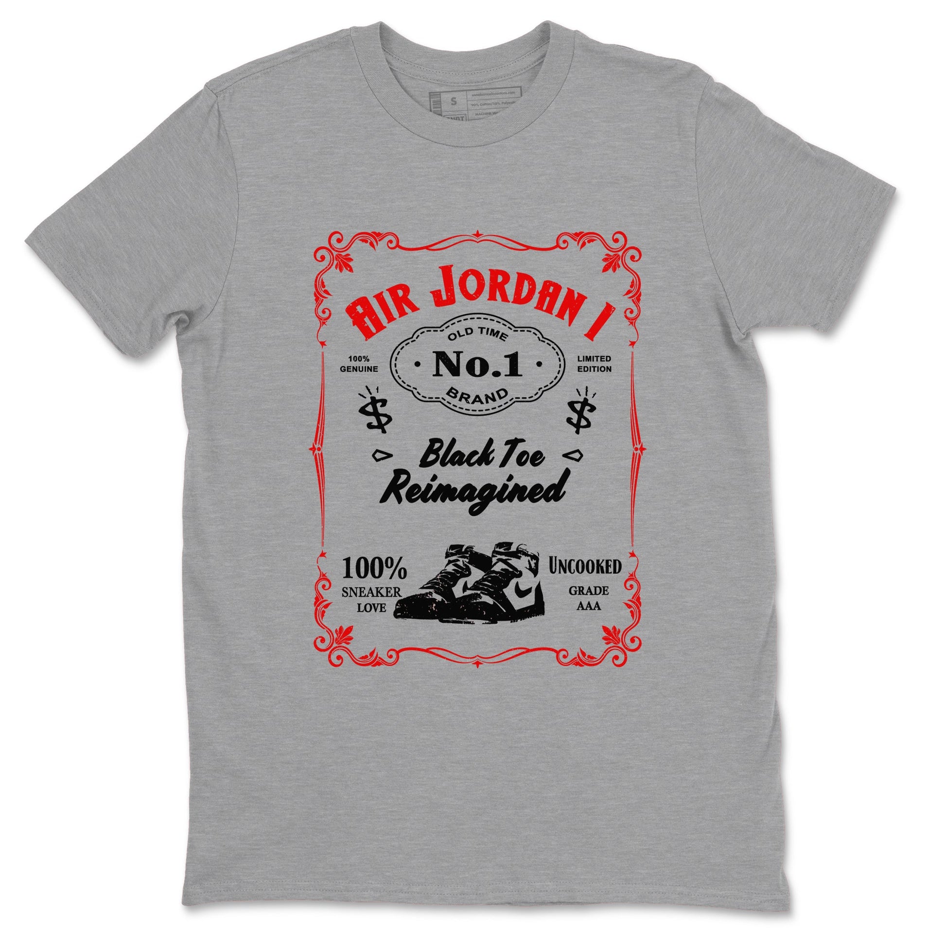 Air Jordan 1 High OG Black Toe Reimagined shirts to match jordans Sneaker Label sneaker match tees 1s Black Toe Reimagined Sneaker Shirts SNRT Sneaker Tees streetwear brand Heather Grey 2 unisex cotton tee
