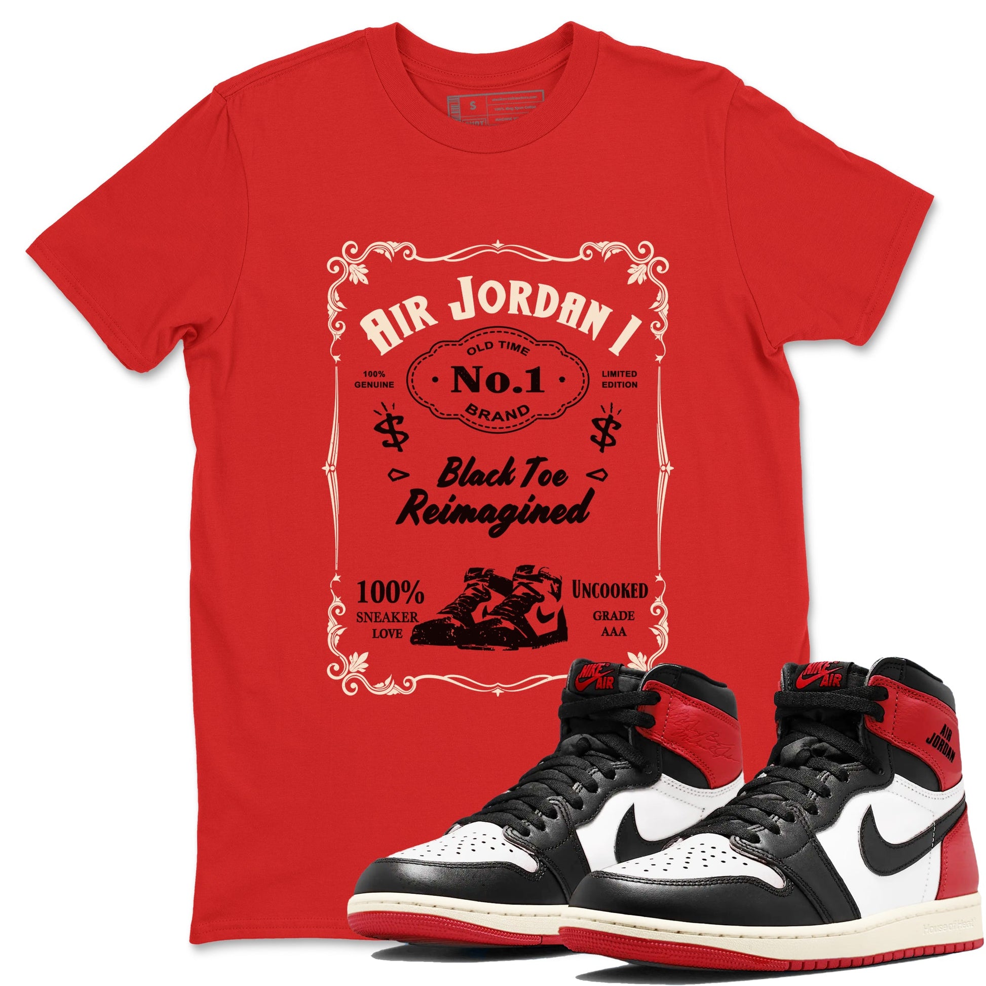 Air Jordan 1 High OG Black Toe Reimagined shirts to match jordans Sneaker Label sneaker match tees 1s Black Toe Reimagined Sneaker Shirts SNRT Sneaker Tees streetwear brand Red 1 unisex cotton tee