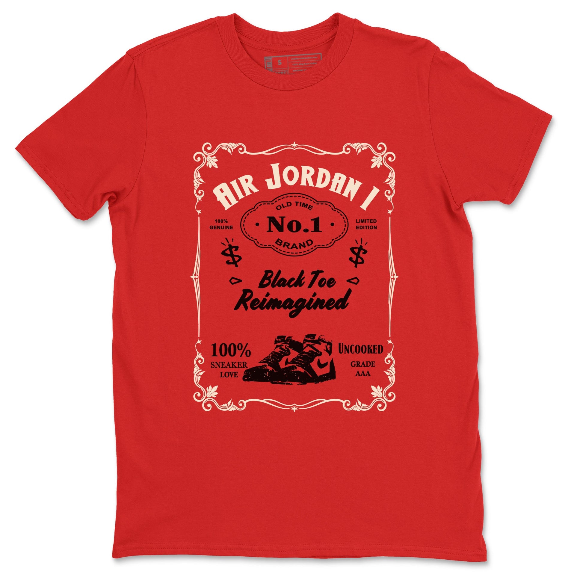 Air Jordan 1 High OG Black Toe Reimagined shirts to match jordans Sneaker Label sneaker match tees 1s Black Toe Reimagined Sneaker Shirts SNRT Sneaker Tees streetwear brand Red 2 unisex cotton tee