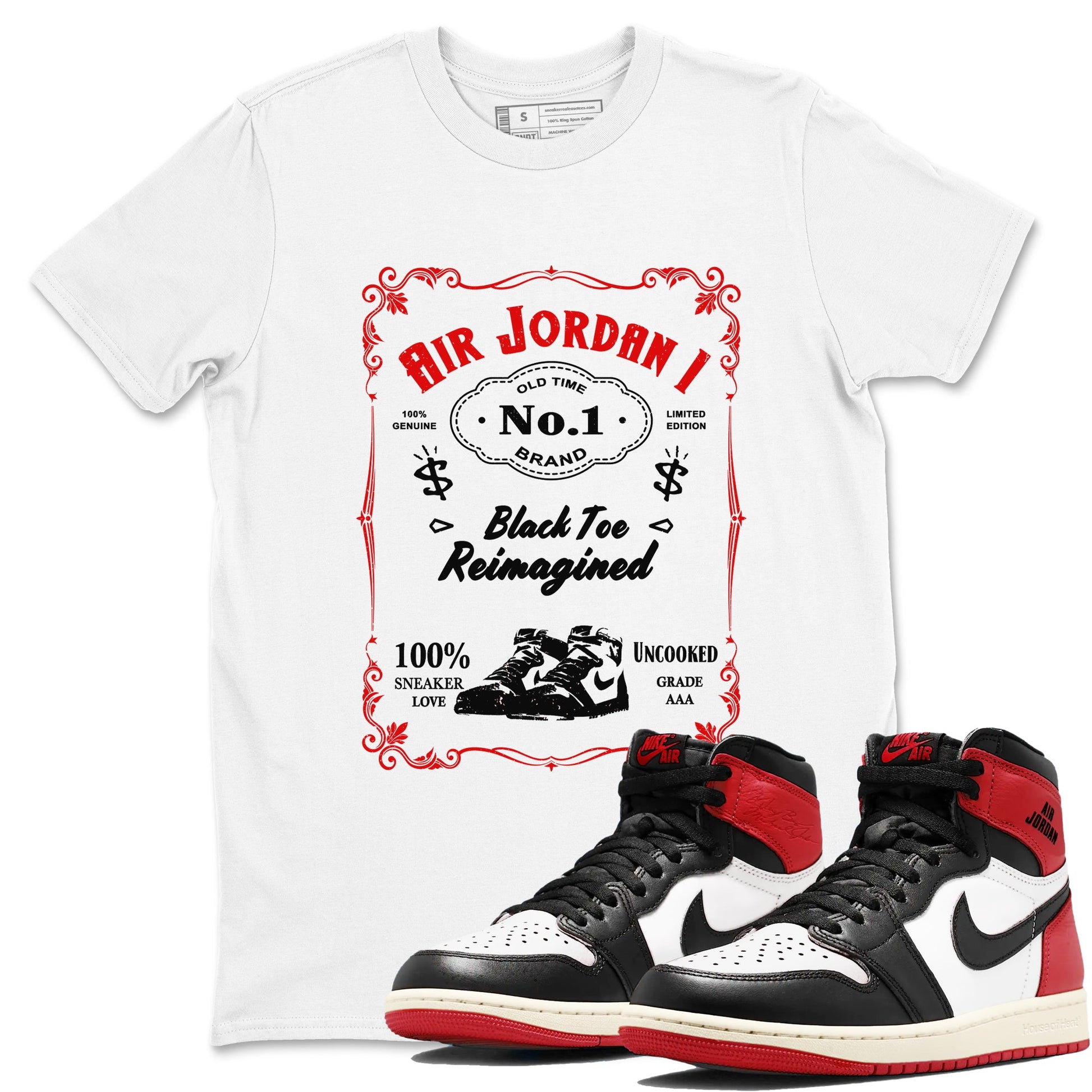 Air Jordan 1 High OG Black Toe Reimagined shirts to match jordans Sneaker Label sneaker match tees 1s Black Toe Reimagined Sneaker Shirts SNRT Sneaker Tees streetwear brand White 1 unisex cotton tee