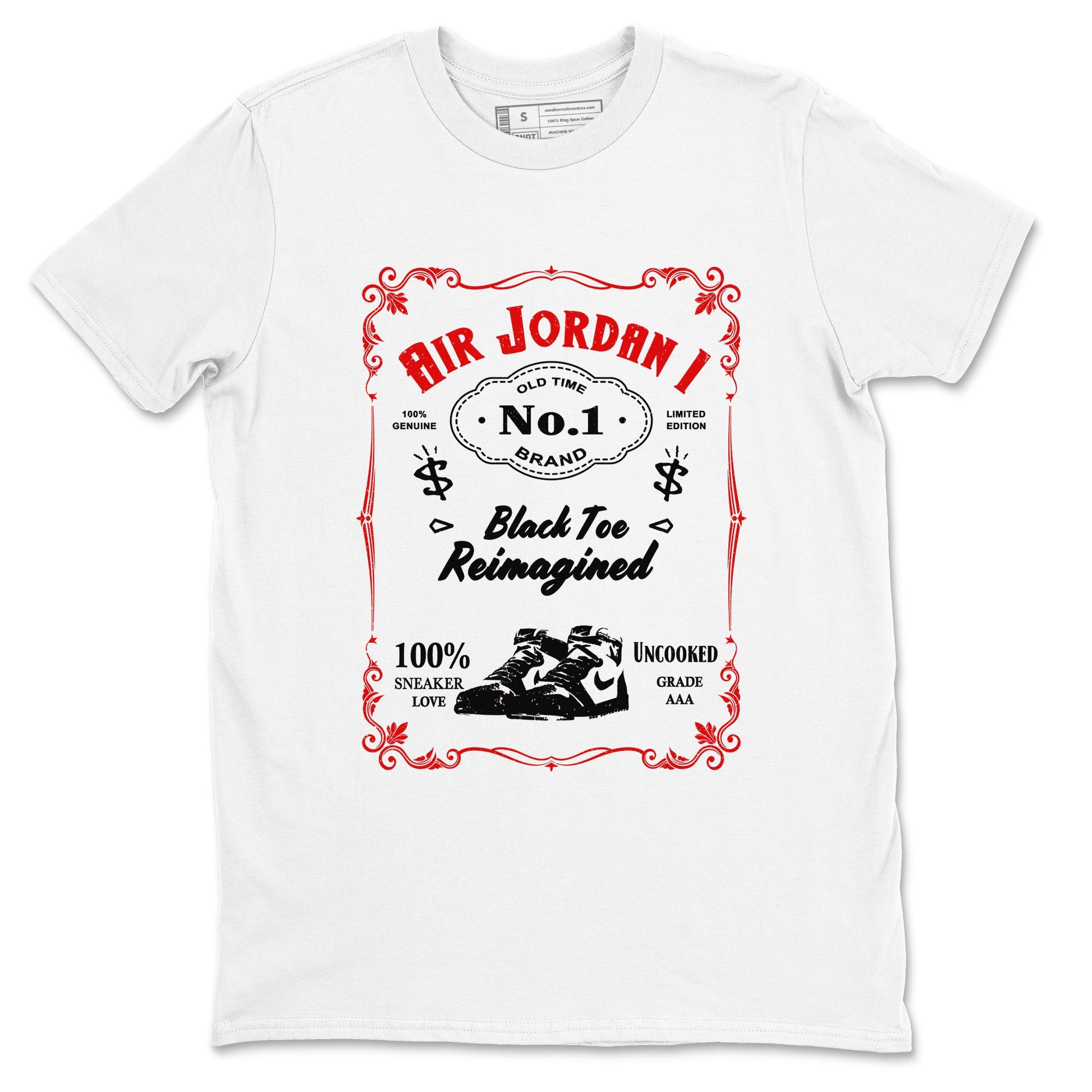 Air Jordan 1 High OG Black Toe Reimagined shirts to match jordans Sneaker Label sneaker match tees 1s Black Toe Reimagined Sneaker Shirts SNRT Sneaker Tees streetwear brand White 2 unisex cotton tee