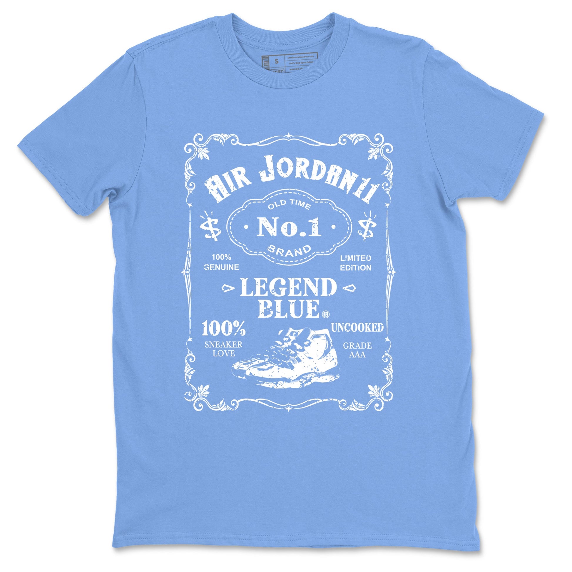 AJ11 Retro Legend Blue shirts to match jordans Sneaker Label best t shirts to wear with jordans 11s Legend Blue match shoes to clothes SNRT Sneaker Tees unisex cotton Carolina Blue 2 shirts