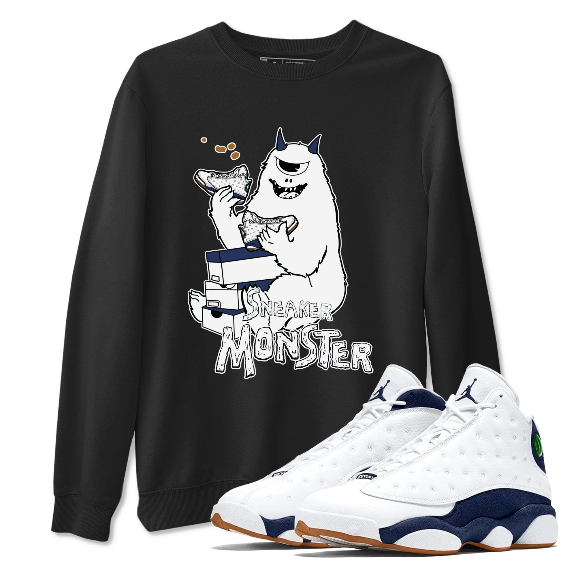 13s Midnight Navy shirts to match jordans Sneaker Monster sneaker match tees Air Jordan 13 Midnight Navy SNRT Sneaker Release Tees unisex cotton Black 1 crew neck shirts