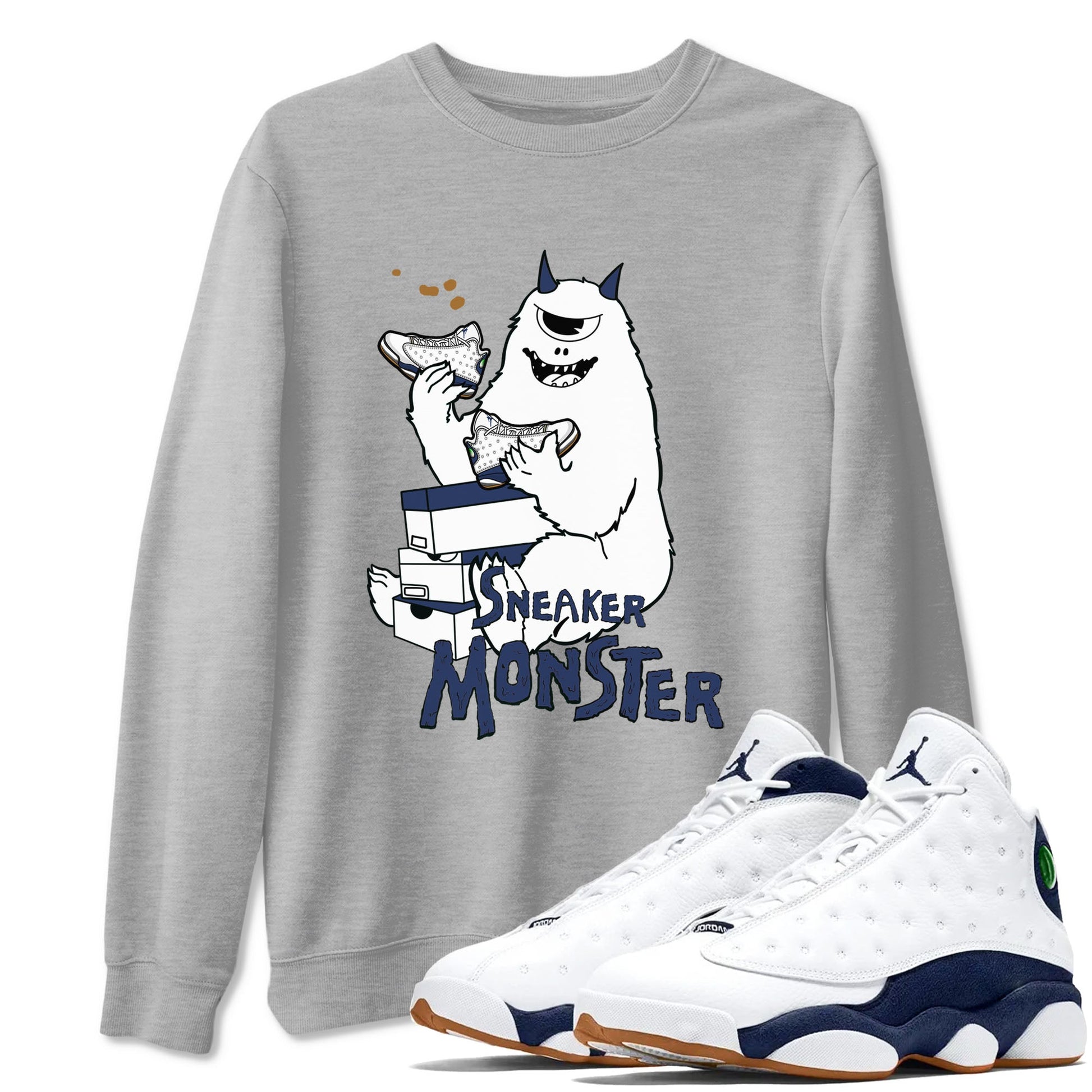 13s Midnight Navy shirts to match jordans Sneaker Monster sneaker match tees Air Jordan 13 Midnight Navy SNRT Sneaker Release Tees unisex cotton Heather Grey 1 crew neck shirts