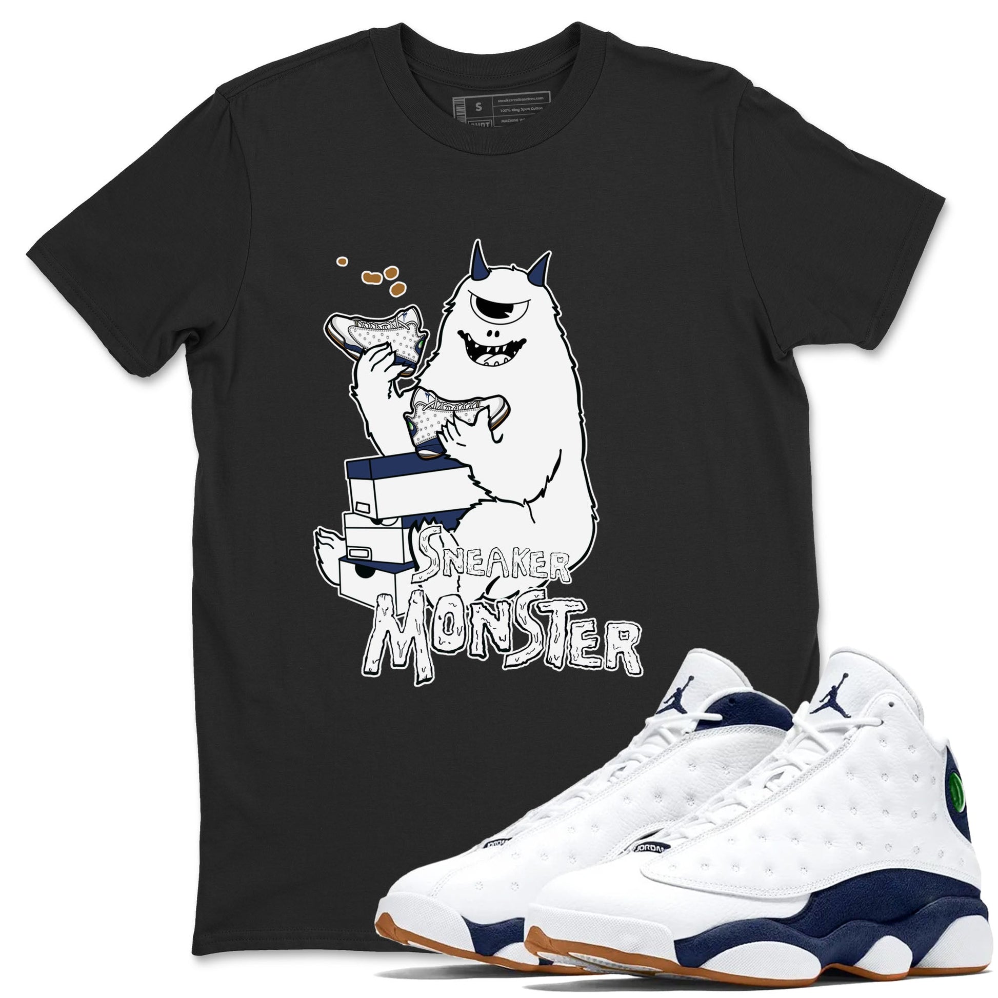 13s Midnight Navy shirts to match jordans Sneaker Monster sneaker match tees Air Jordan 13 Midnight Navy SNRT Sneaker Release Tees unisex cotton Black 1 crew neck shirts