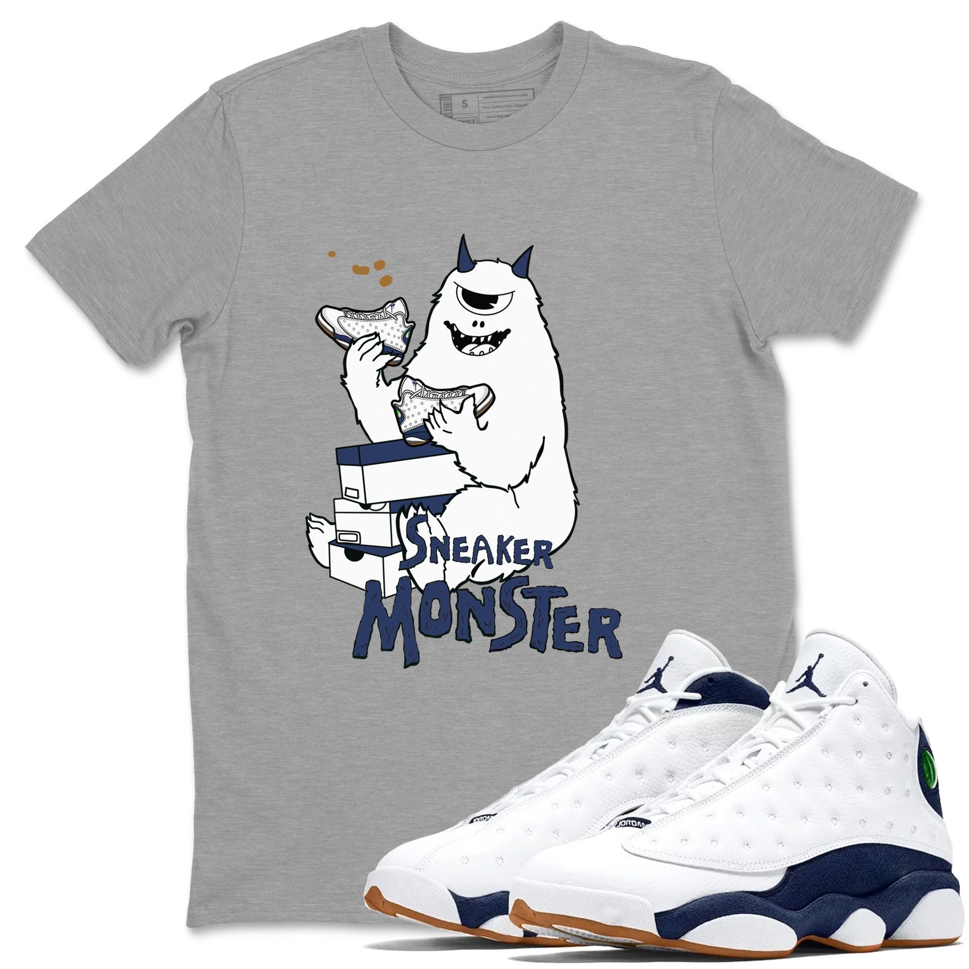 13s Midnight Navy shirts to match jordans Sneaker Monster sneaker match tees Air Jordan 13 Midnight Navy SNRT Sneaker Release Tees unisex cotton Heather Grey 1 crew neck shirts