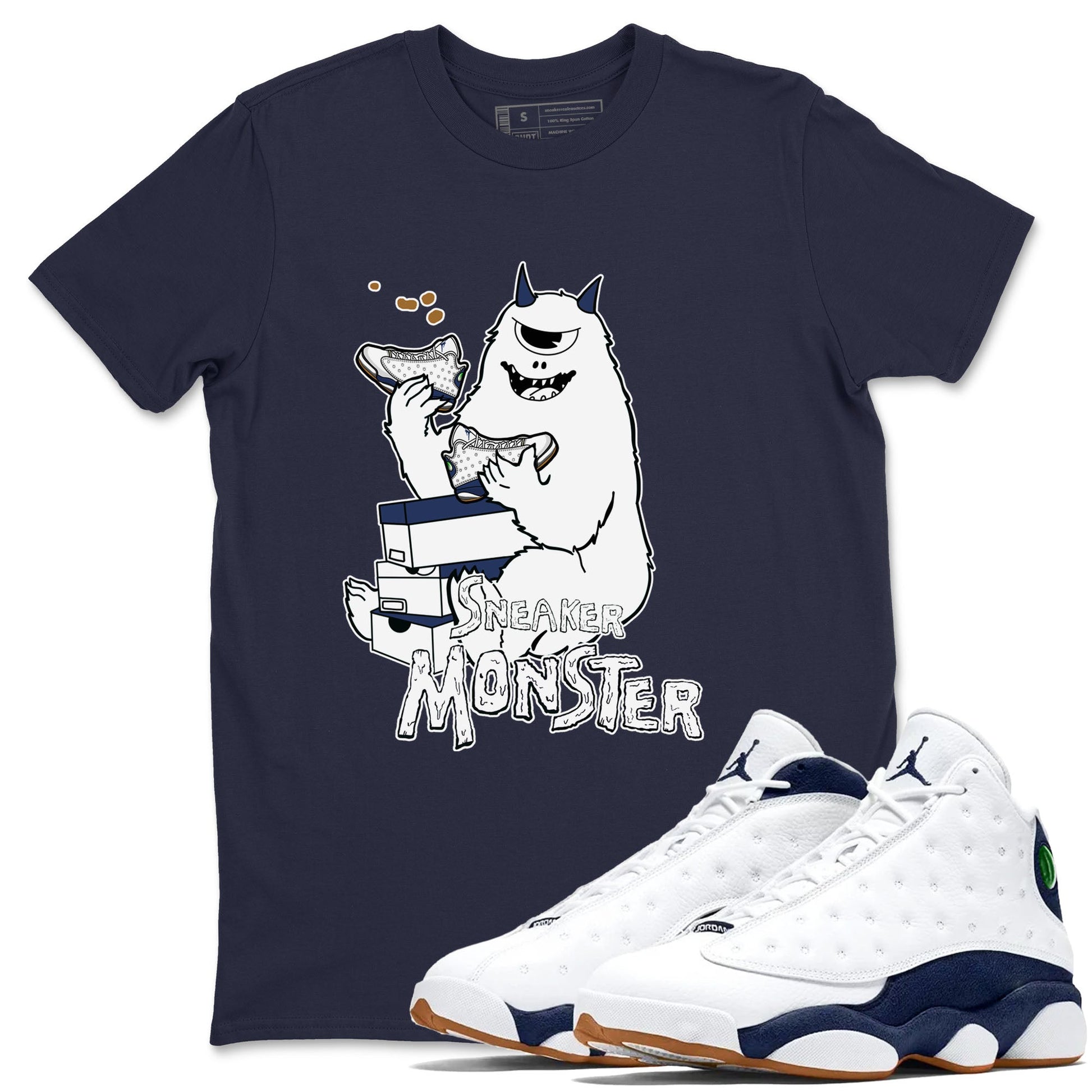 13s Midnight Navy shirts to match jordans Sneaker Monster sneaker match tees Air Jordan 13 Midnight Navy SNRT Sneaker Release Tees unisex cotton Navy 1 crew neck shirts