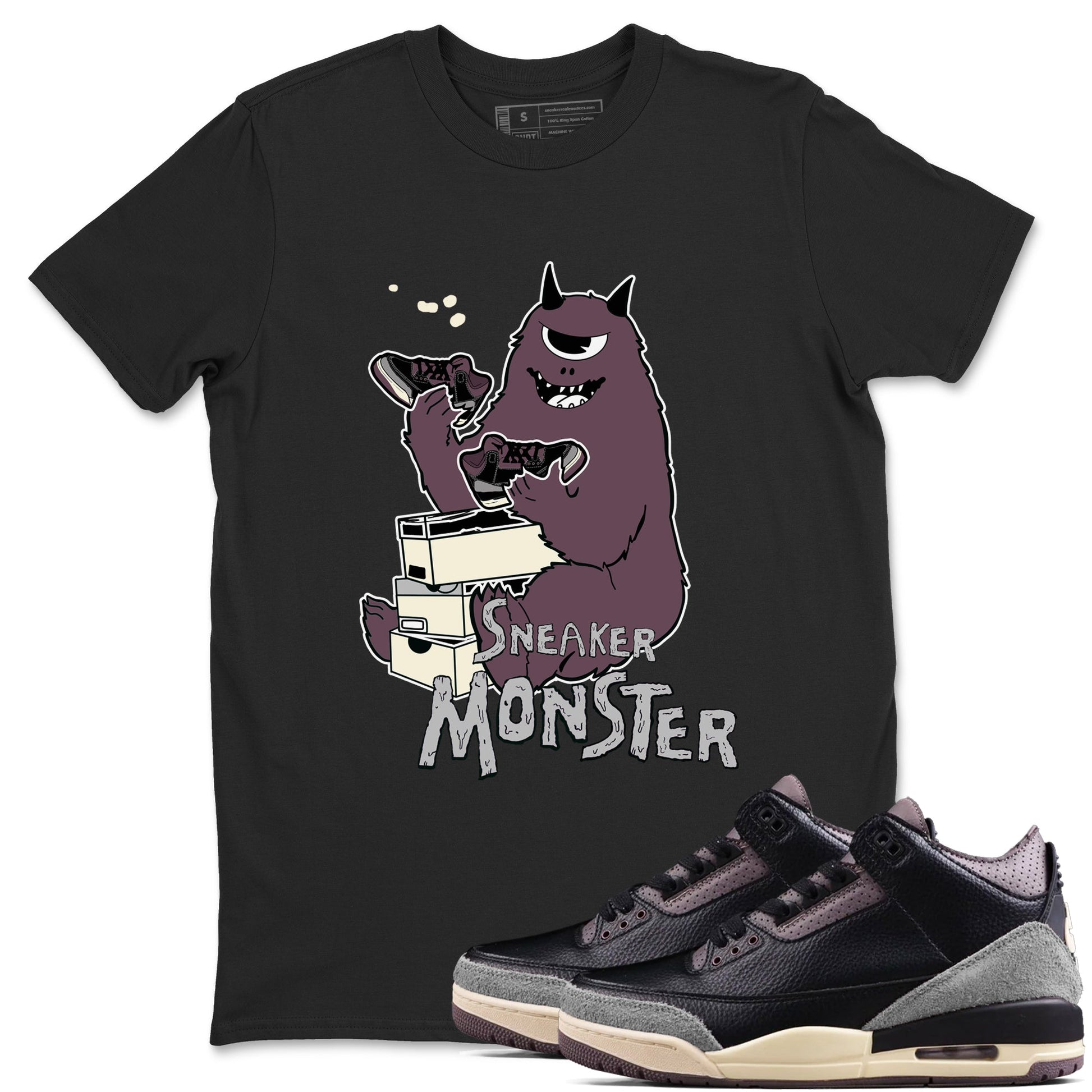 AJ3 A Ma Maniere x Black shirts to match jordans Sneaker Monster sneaker match tees A Ma Maniere x Air Jordan 3 “Black” SNRT Sneaker Tees streetwear brand Black 1 unisex cotton tee