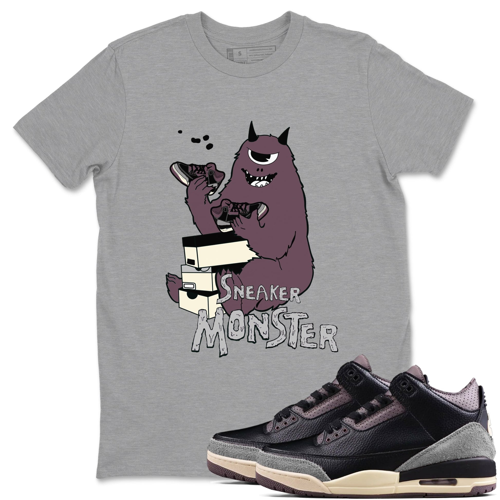 AJ3 A Ma Maniere x Black shirts to match jordans Sneaker Monster sneaker match tees A Ma Maniere x Air Jordan 3 “Black” SNRT Sneaker Tees streetwear brand Heather Grey 1 unisex cotton tee