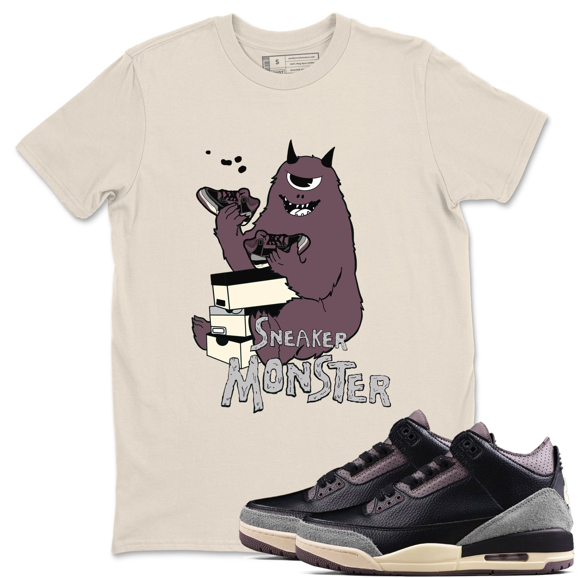 AJ3 A Ma Maniere x Black shirts to match jordans Sneaker Monster sneaker match tees A Ma Maniere x Air Jordan 3 “Black” SNRT Sneaker Tees streetwear brand Natural 1 unisex cotton tee