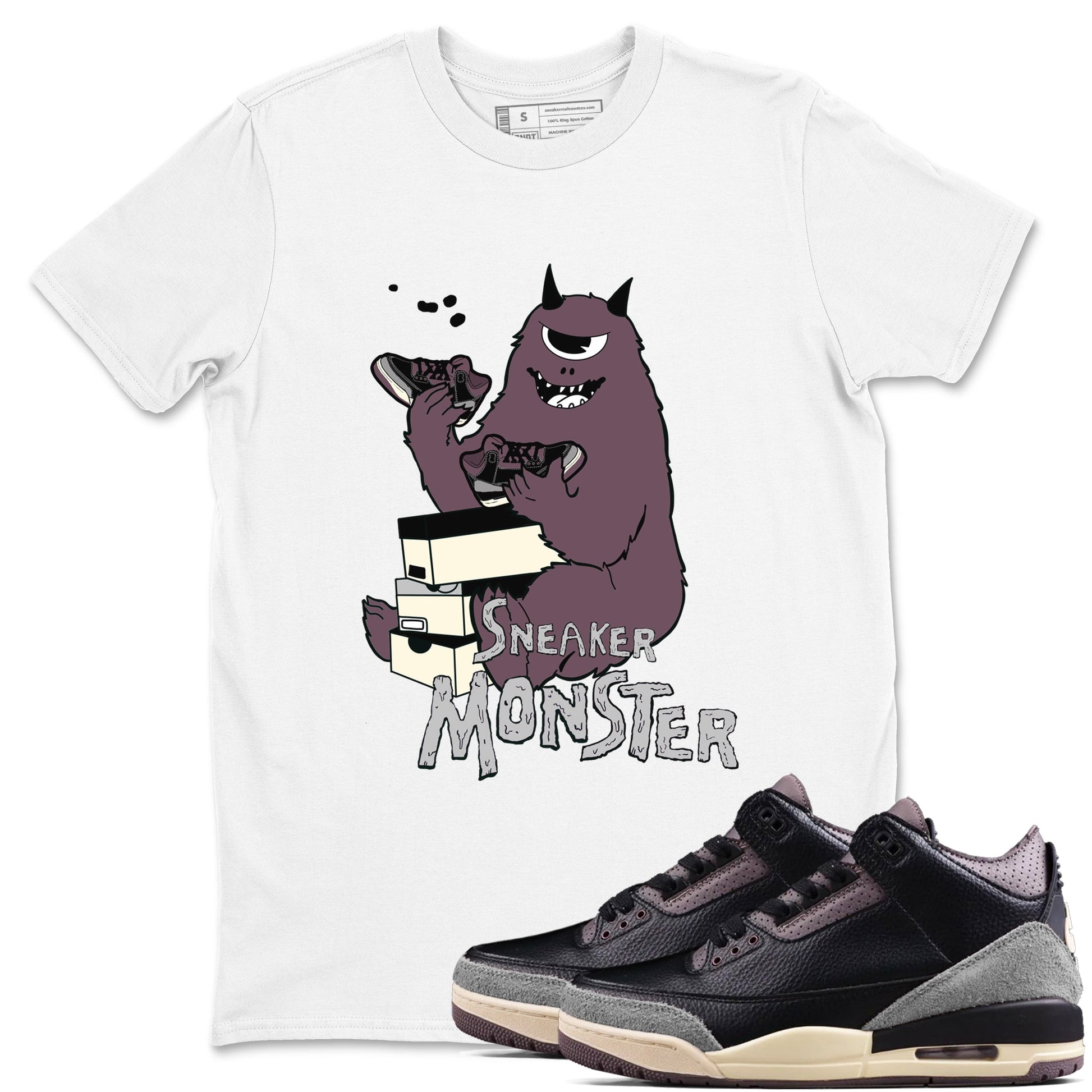 AJ3 A Ma Maniere x Black shirts to match jordans Sneaker Monster sneaker match tees A Ma Maniere x Air Jordan 3 “Black” SNRT Sneaker Tees streetwear brand White 1 unisex cotton tee