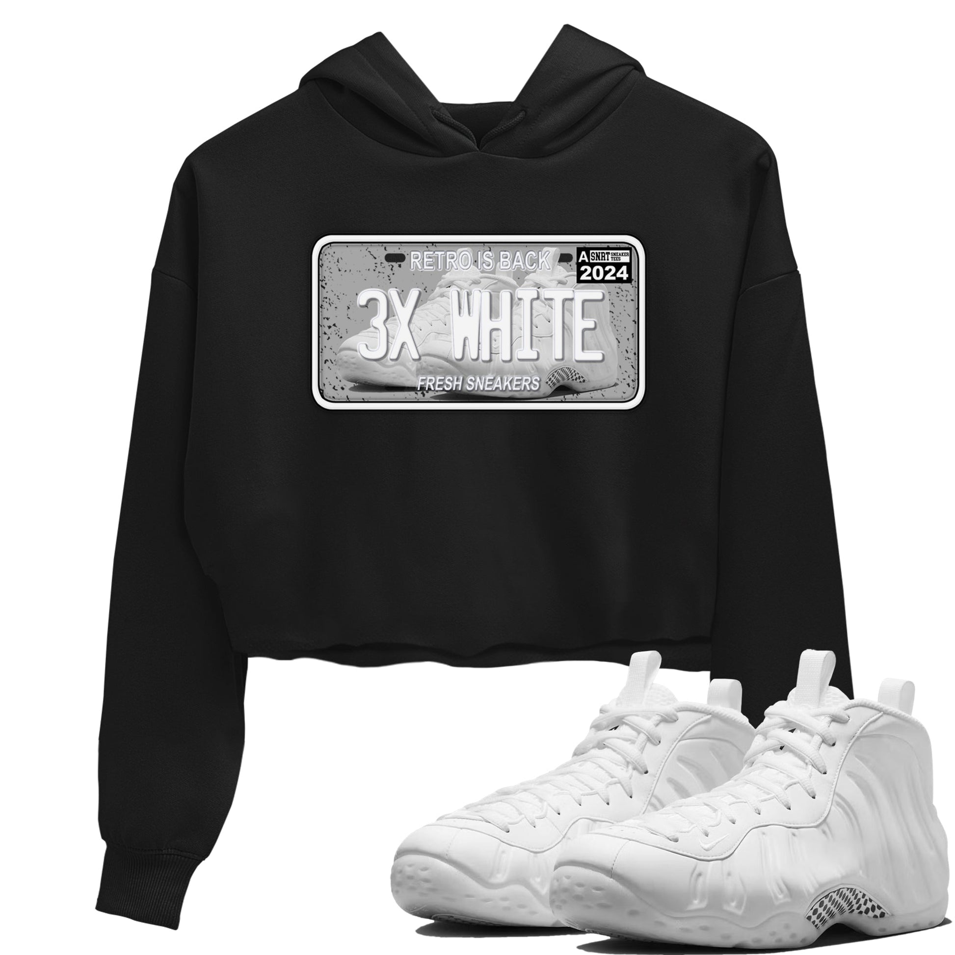 Sneaker Plate womens crop tee made to vibe with the Air Foamposite One Triple White sneakers — the perfect match in Black 1.