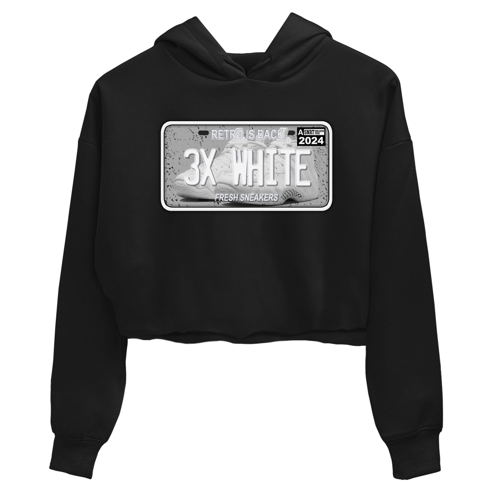 Sneaker Plate womens crop tee made to vibe with the Air Foamposite One Triple White sneakers — the perfect match in Black 2.