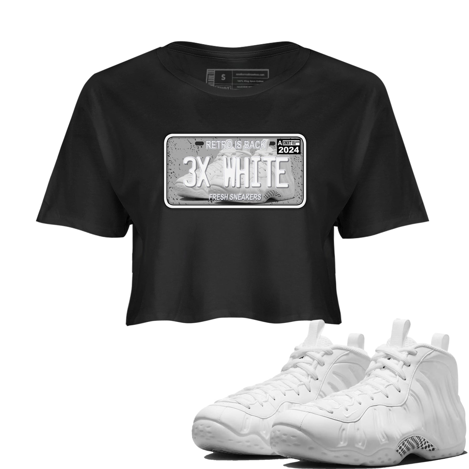 Sneaker Plate womens crop tee made to vibe with the Air Foamposite One Triple White sneakers — the perfect match in Black 1.