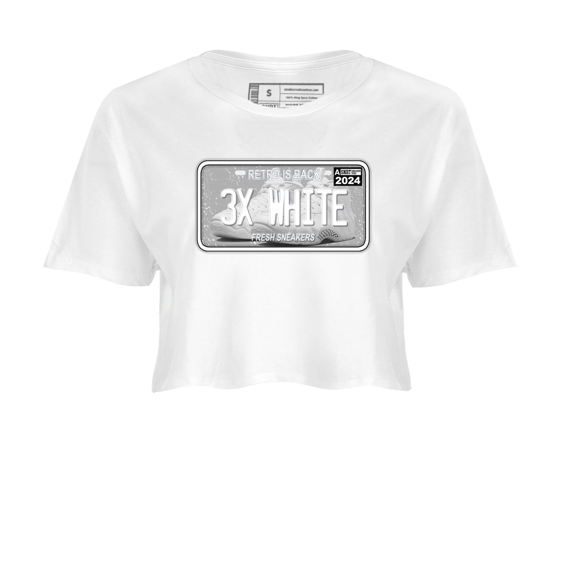 Sneaker Plate womens crop tee made to vibe with the Air Foamposite One Triple White sneakers — the perfect match in White 2.