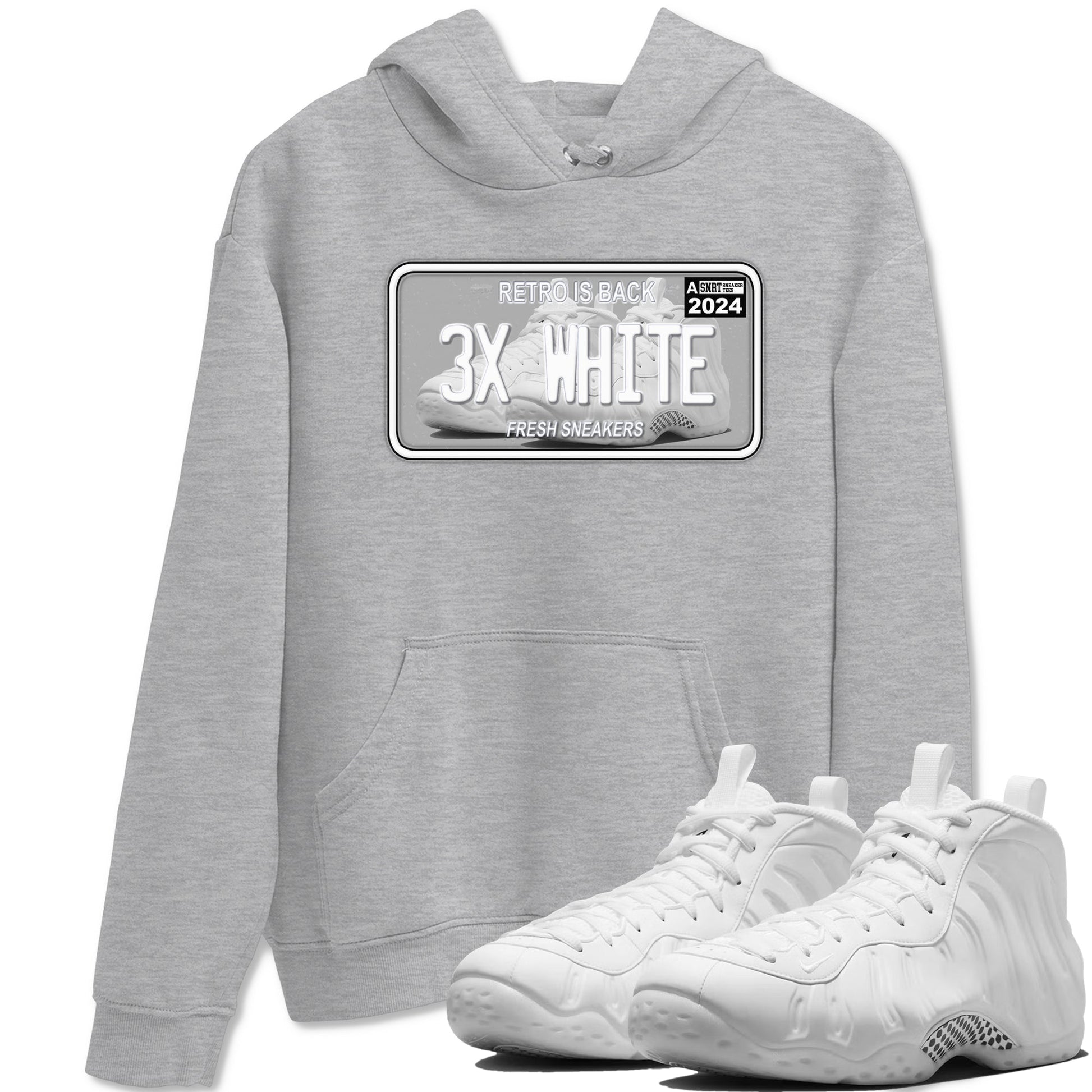 Sneaker Plate sneaker match t-shirt styled to complete your fit with the Air Foamposite One Triple White sneakers, shown in Heather Grey 1.