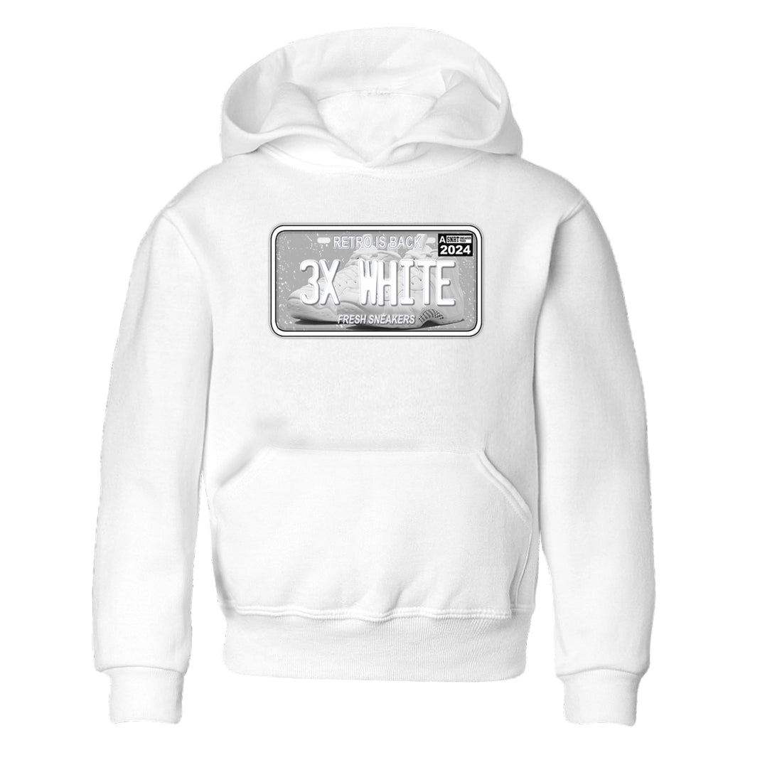 Sneaker Plate baby and kids t-shirt crafted for little sneakerheads to shine with the Air Foamposite One Triple White sneakers, displayed in White 2.