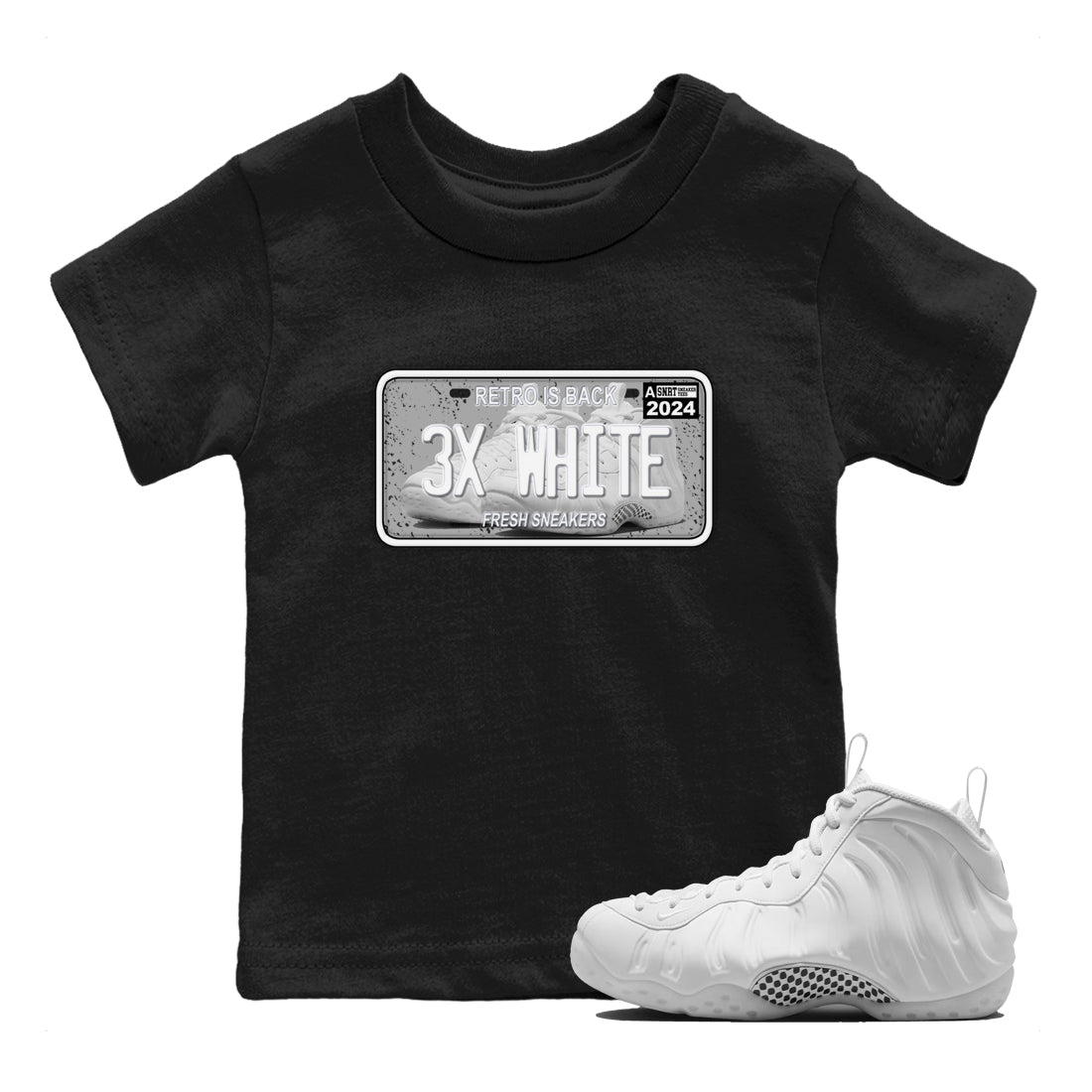 Sneaker Plate baby and kids t-shirt crafted for little sneakerheads to shine with the Air Foamposite One Triple White sneakers, displayed in Black 1.