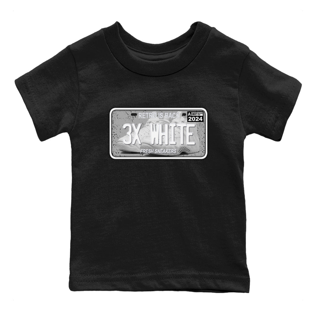 Sneaker Plate baby and kids t-shirt crafted for little sneakerheads to shine with the Air Foamposite One Triple White sneakers, displayed in Black 2.