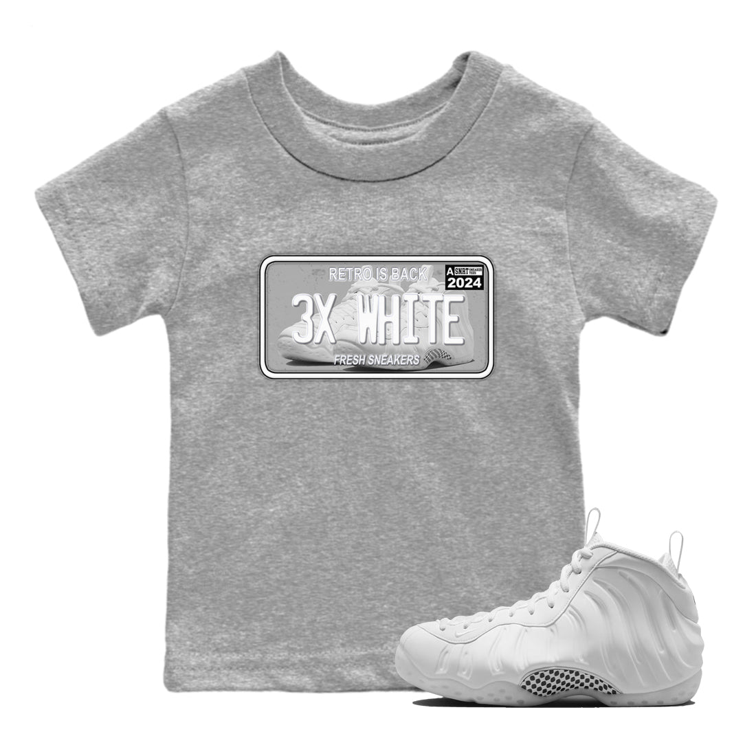 Sneaker Plate baby and kids t-shirt crafted for little sneakerheads to shine with the Air Foamposite One Triple White sneakers, displayed in Heather Grey 1.