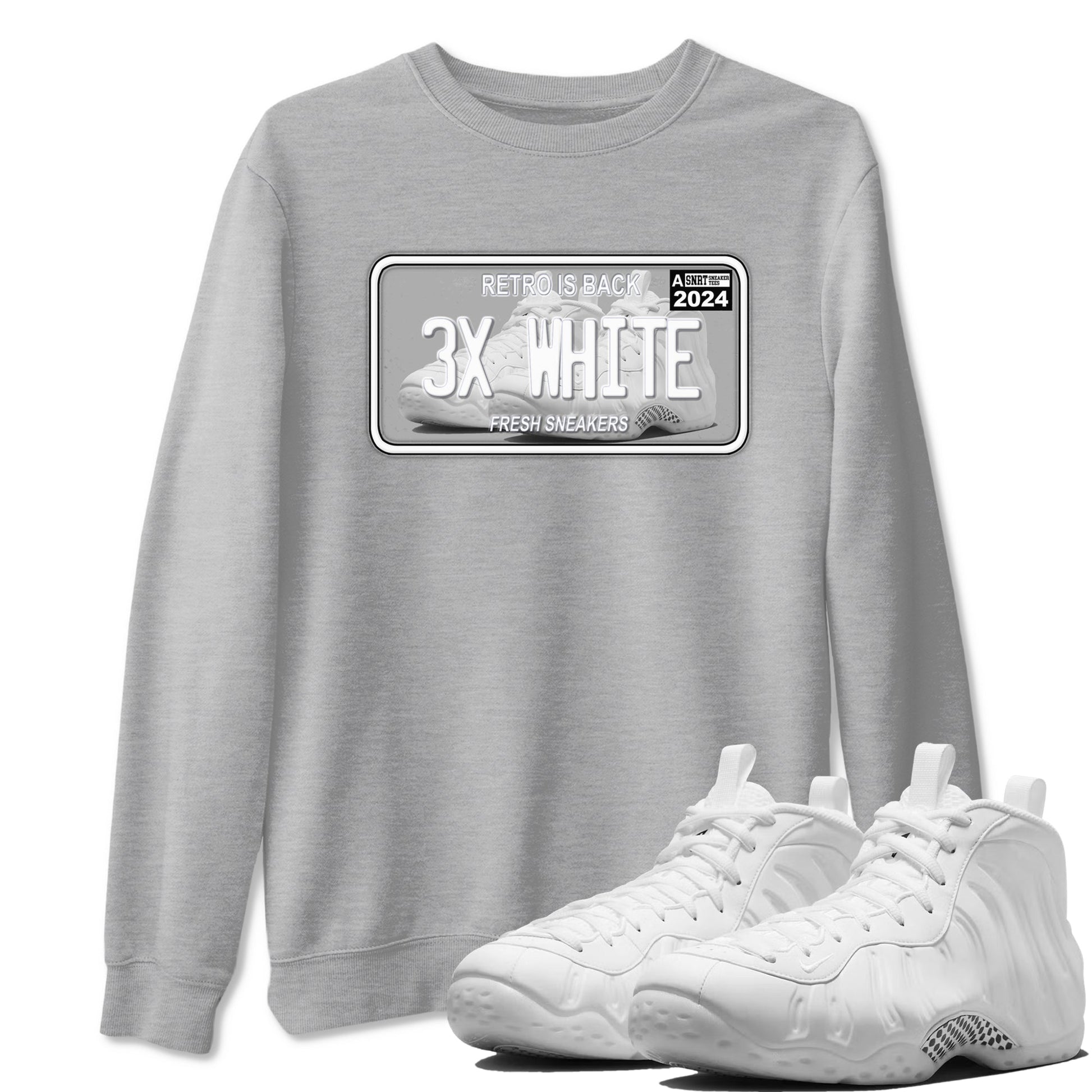 Sneaker Plate sneaker match t-shirt styled to complete your fit with the Air Foamposite One Triple White sneakers, shown in Heather Grey 1.