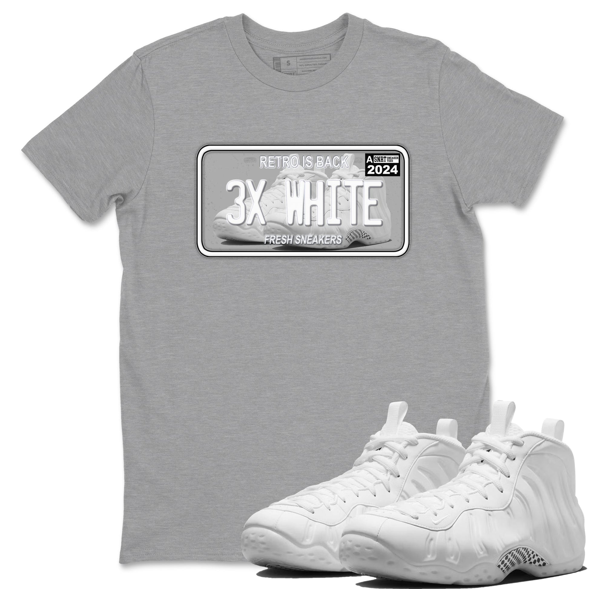 Sneaker Plate sneaker match t-shirt styled to complete your fit with the Air Foamposite One Triple White sneakers, shown in Heather Grey 1.