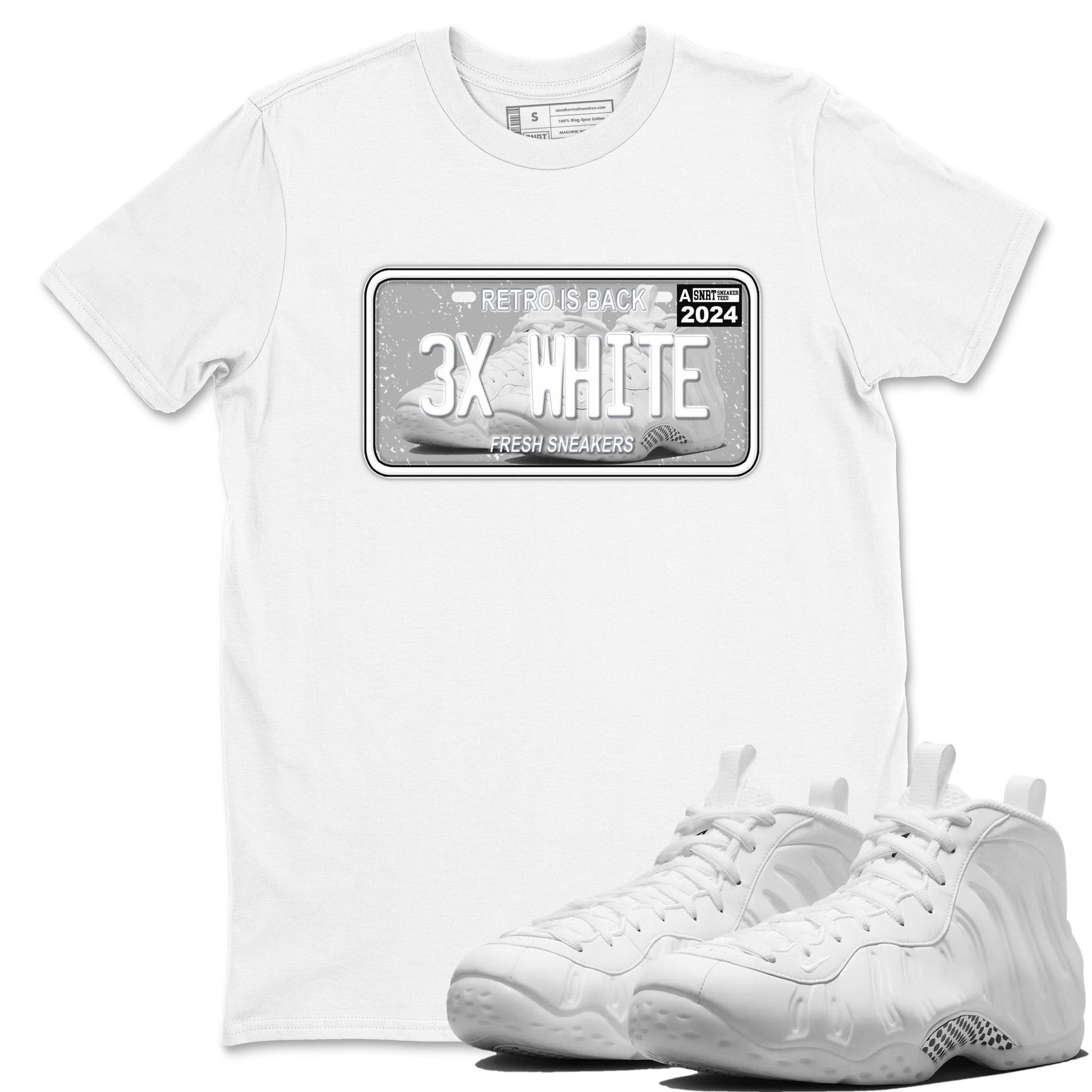 Sneaker Plate sneaker match t-shirt styled to complete your fit with the Air Foamposite One Triple White sneakers, shown in White 1.