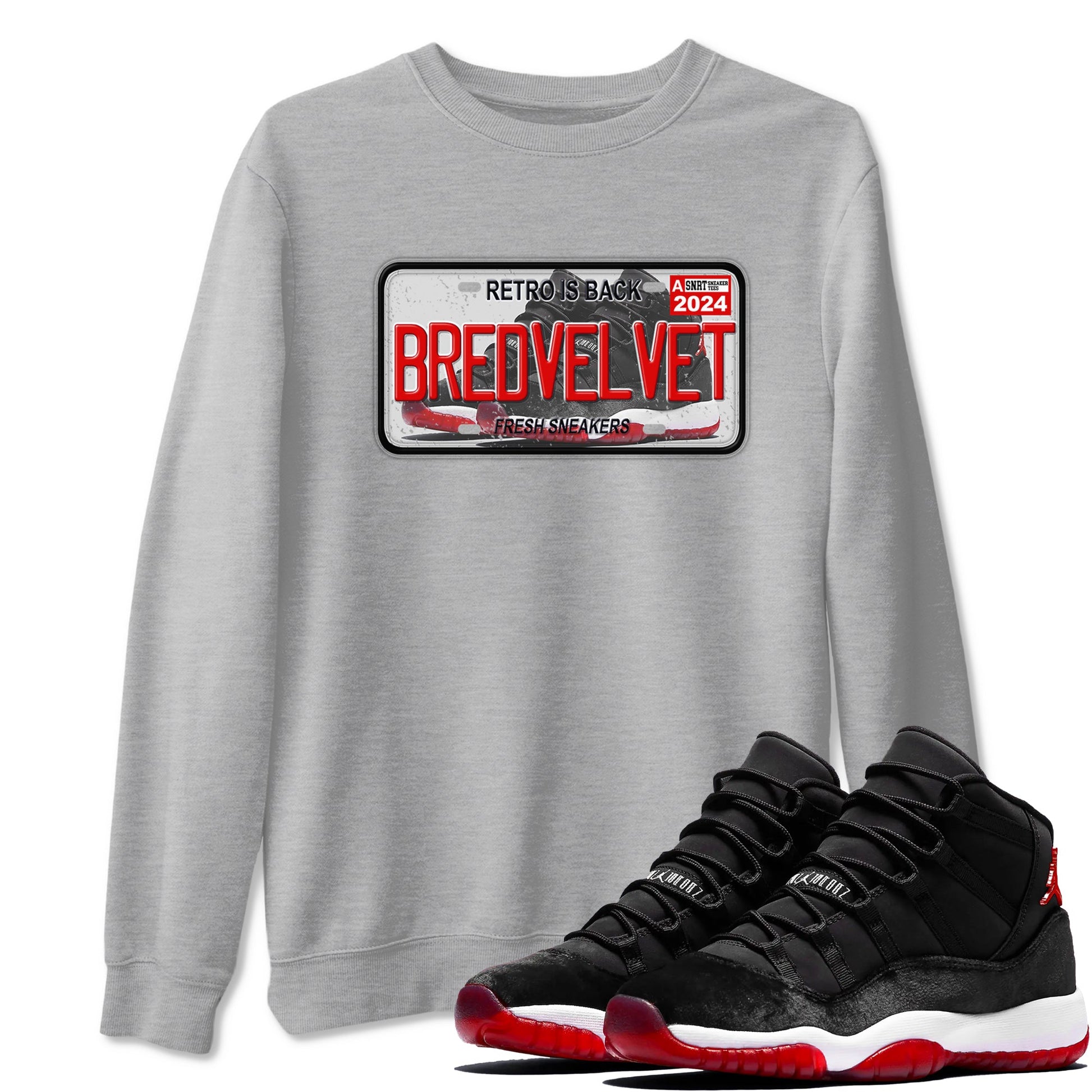 11s Bred Velvet shirts to match jordans Sneaker Plate sneaker match tees Air Jordan 11 Bred Velvet SNRT Sneaker Release Tees unisex cotton Heather Grey 1 crew neck shirts